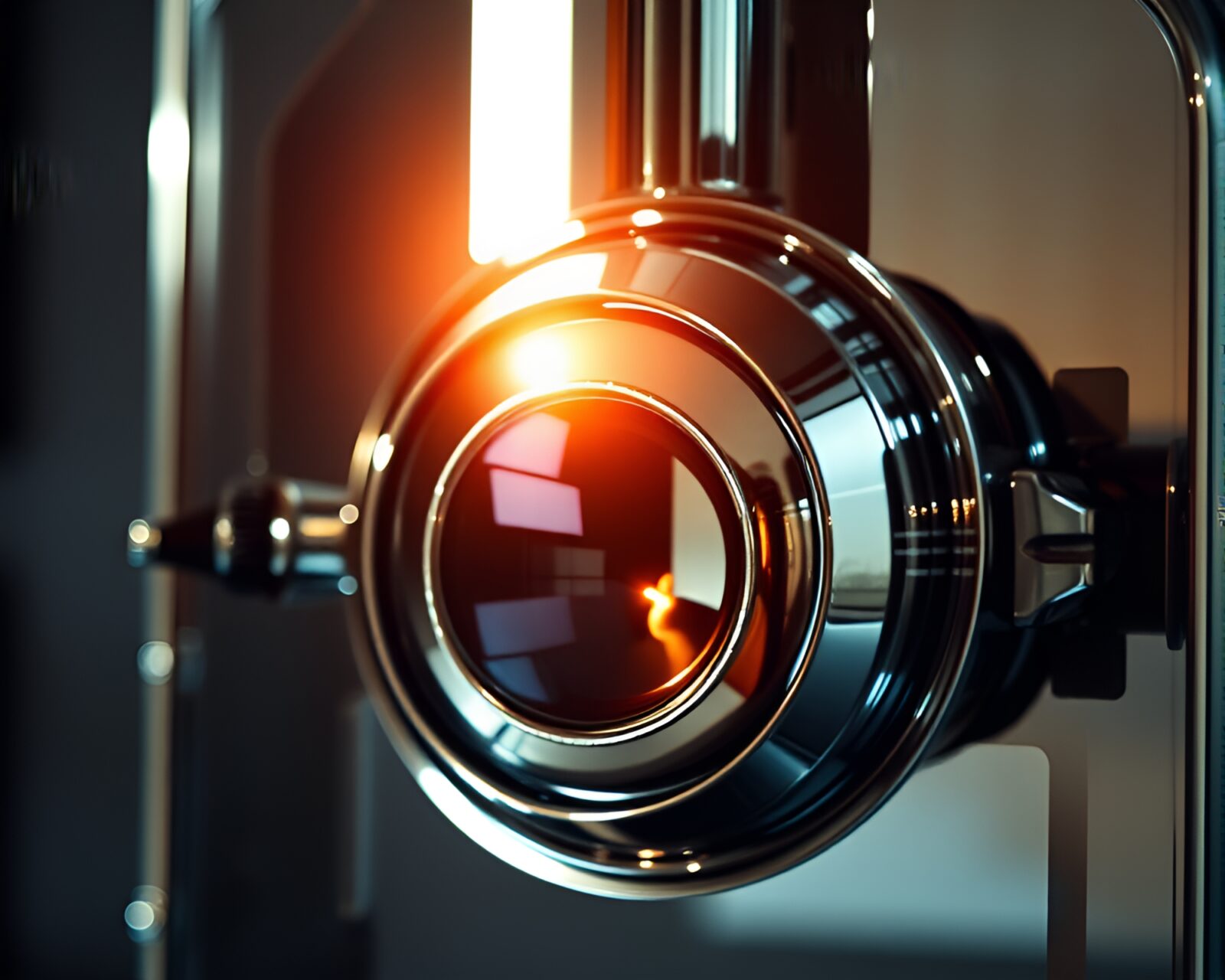 Geometrically abstract sextant glowing in pixelated light with chrome reflections