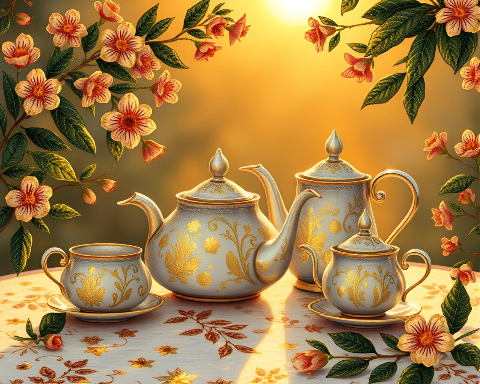 Botanical-inspired tea set design glowing in warm afternoon light