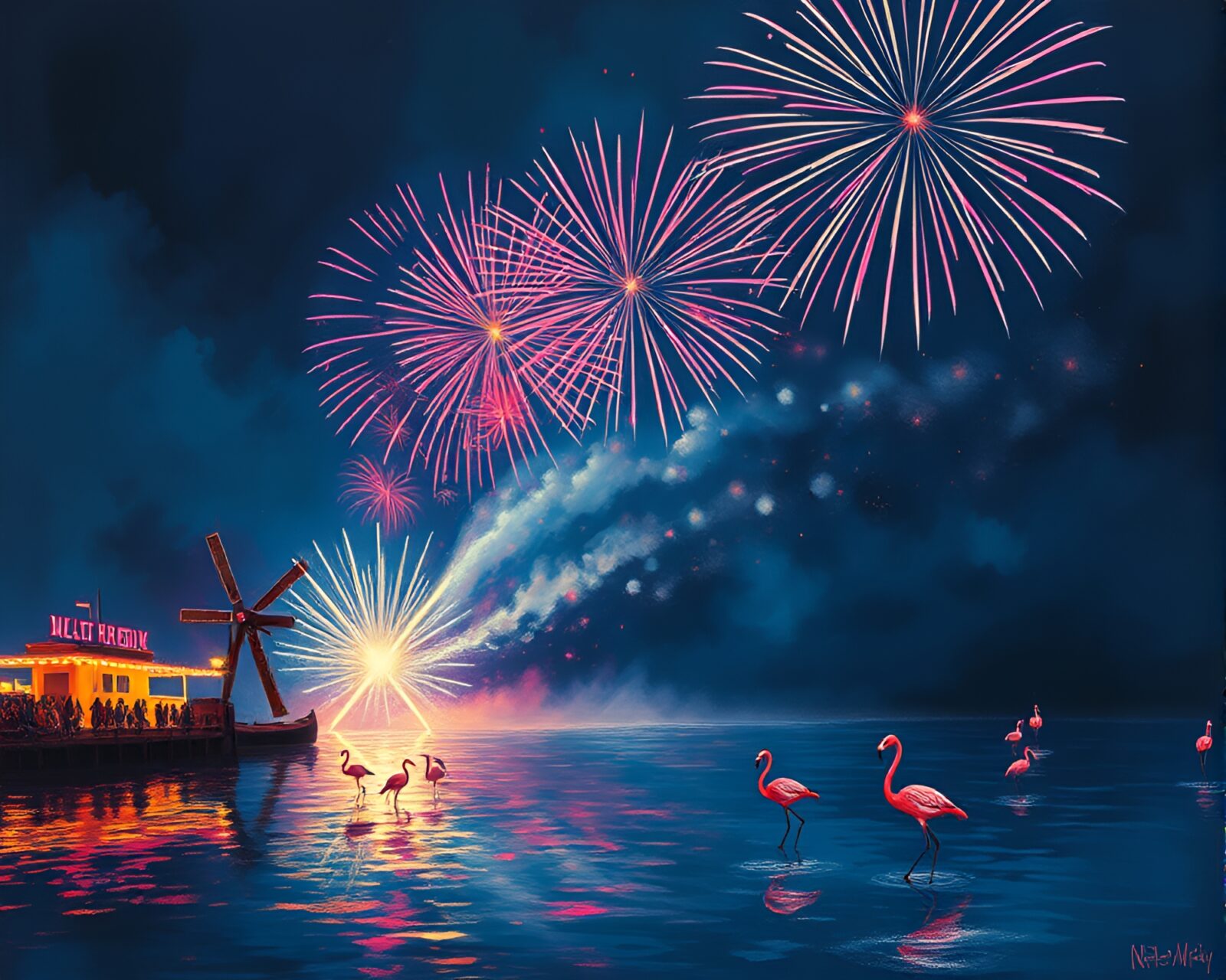 Vibrant underpainting with flamingos and fireworks against twilight sky