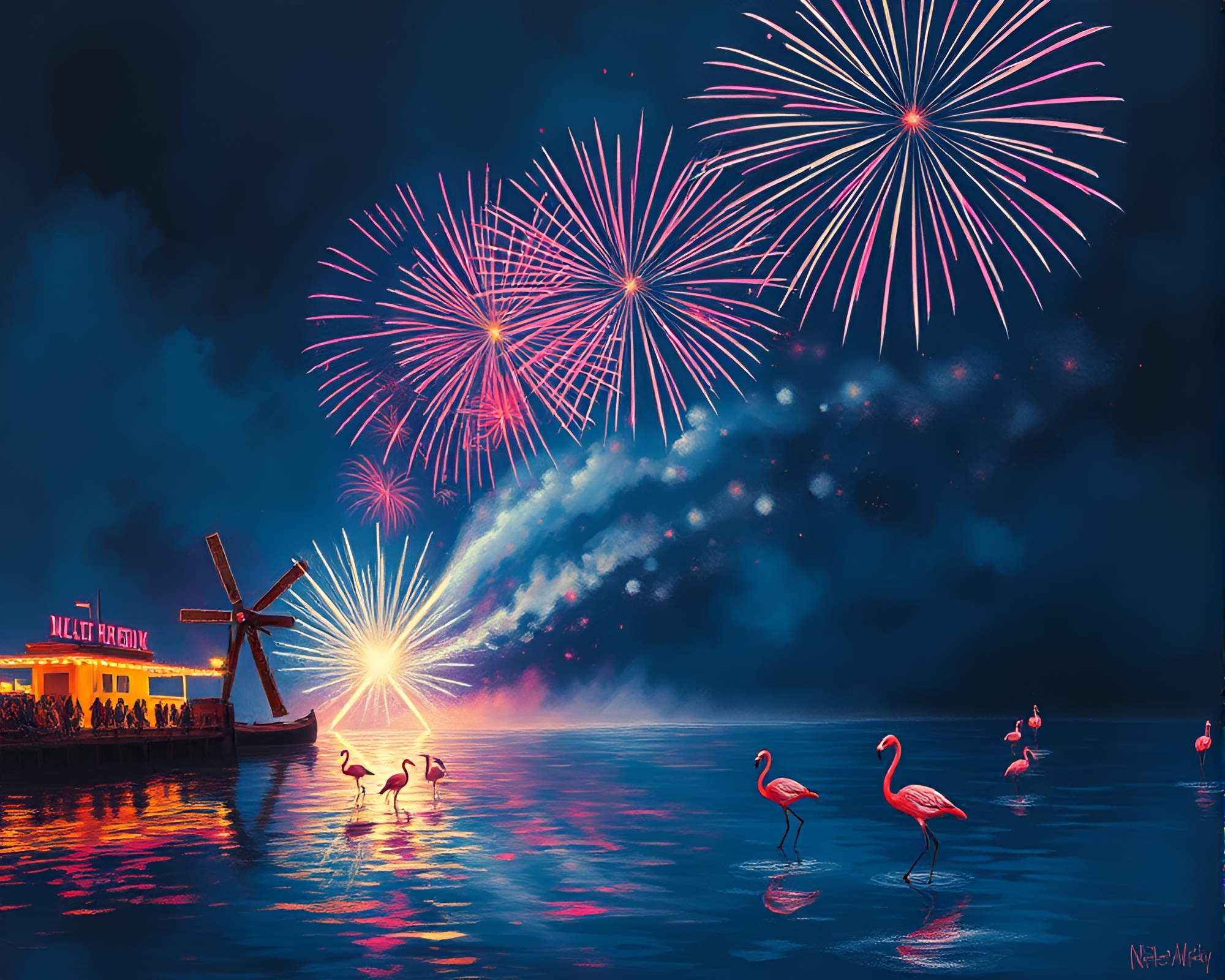 Surreal Flamingo Dance at Festival Twilight – free AI stock image
