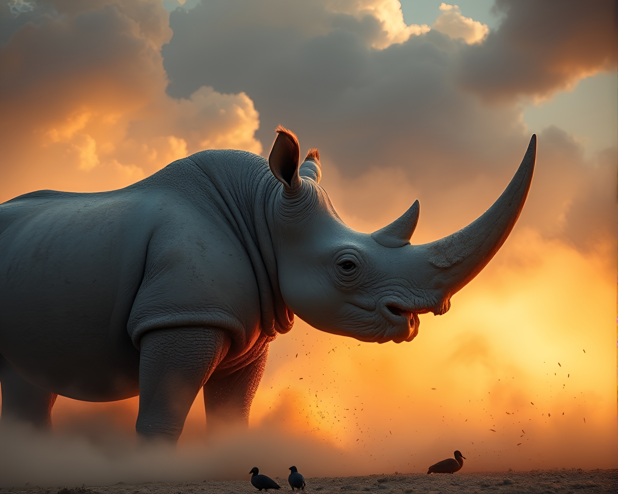 Rhinoceros in Explosive Dust Motes Light Show – free AI stock image