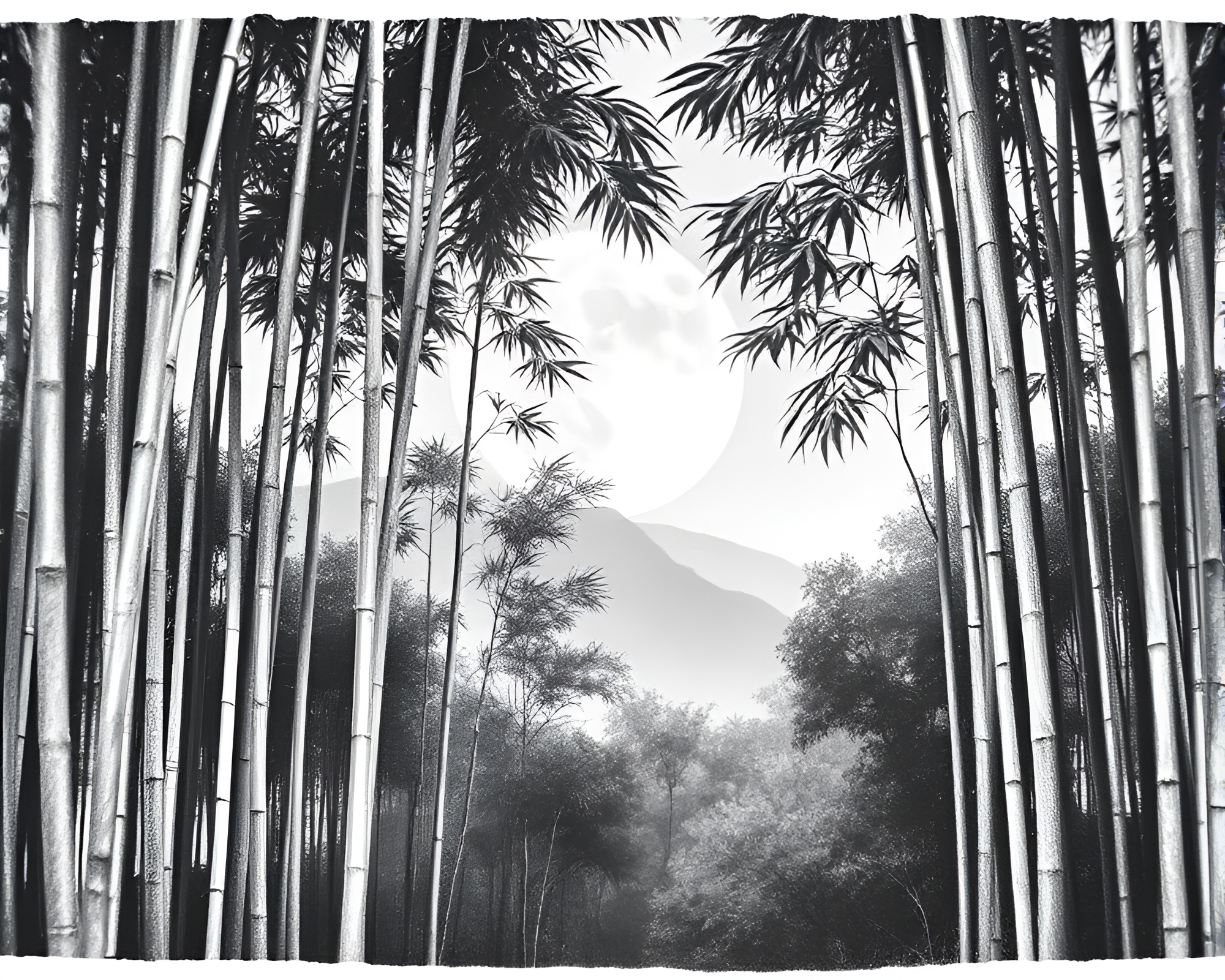Bamboo Grove in Lunar Shades: Etched Landscape Focus – free AI stock image