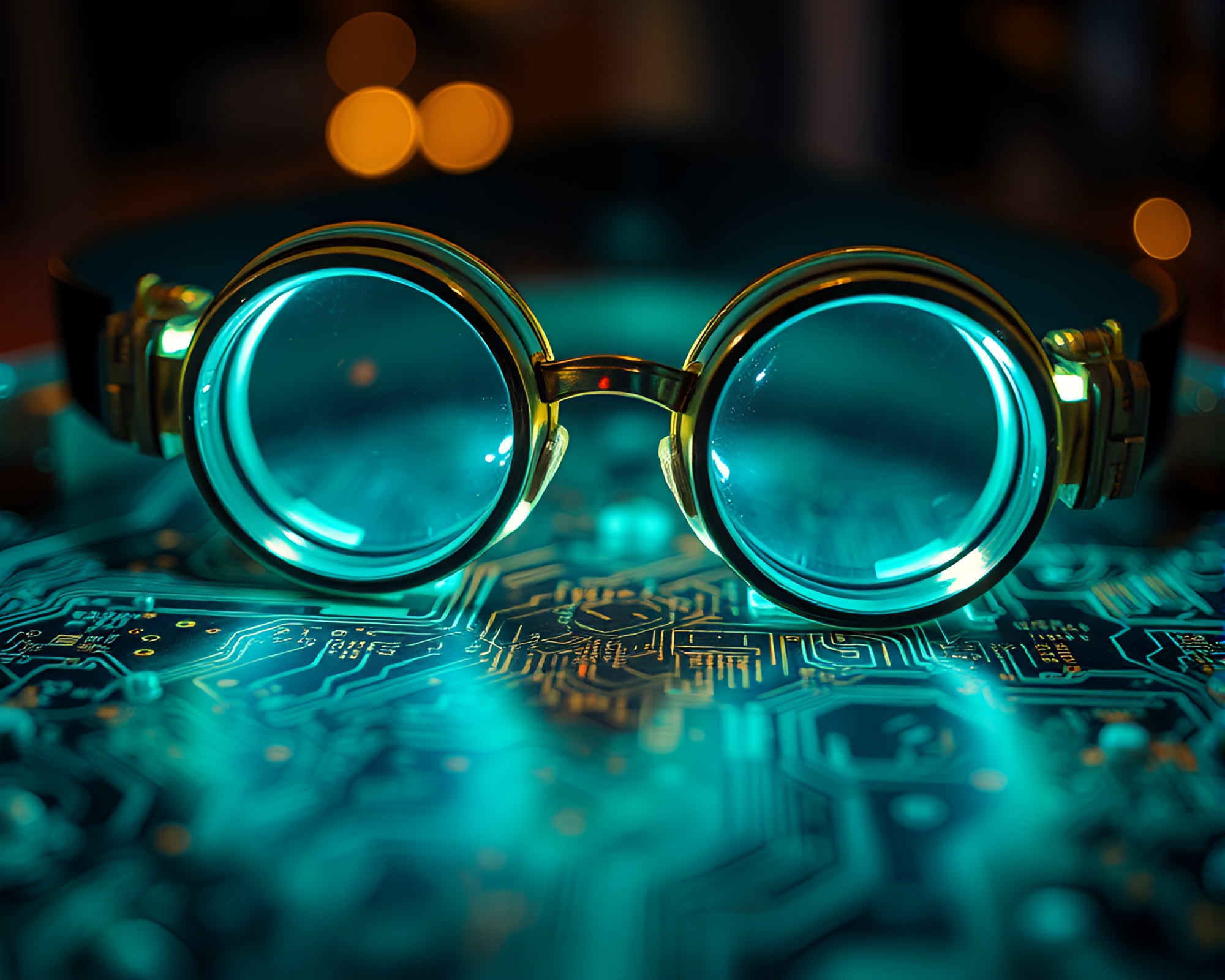 Steampunk goggles illuminated by torchlight on circuit board – free AI stock image