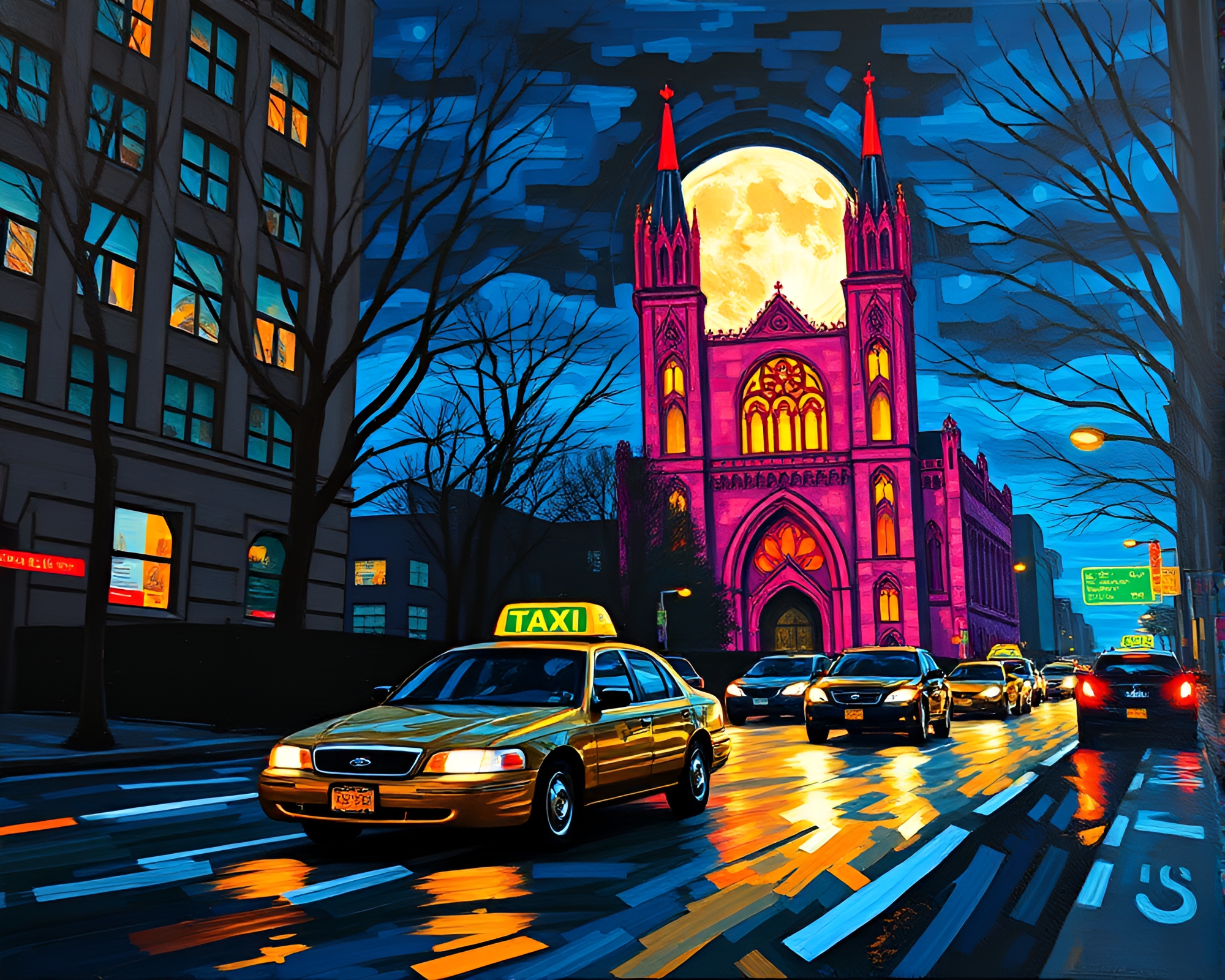 Moonlit Wolf in Cathedral Taxi Blur Streak Acrylic Painting – free AI stock image