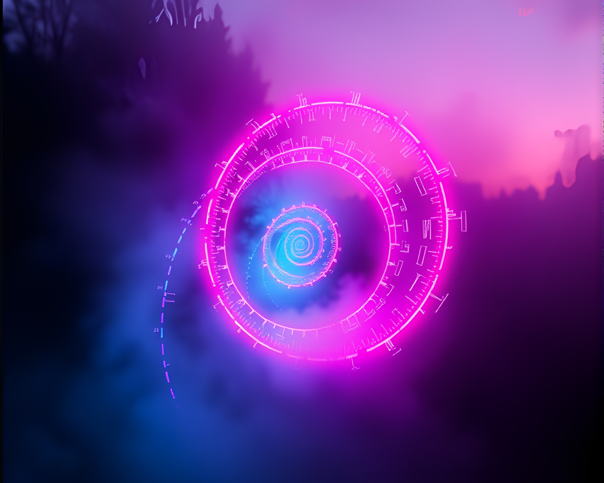 Neon Glitch: Fibonacci Dawn Spiral – free AI stock image