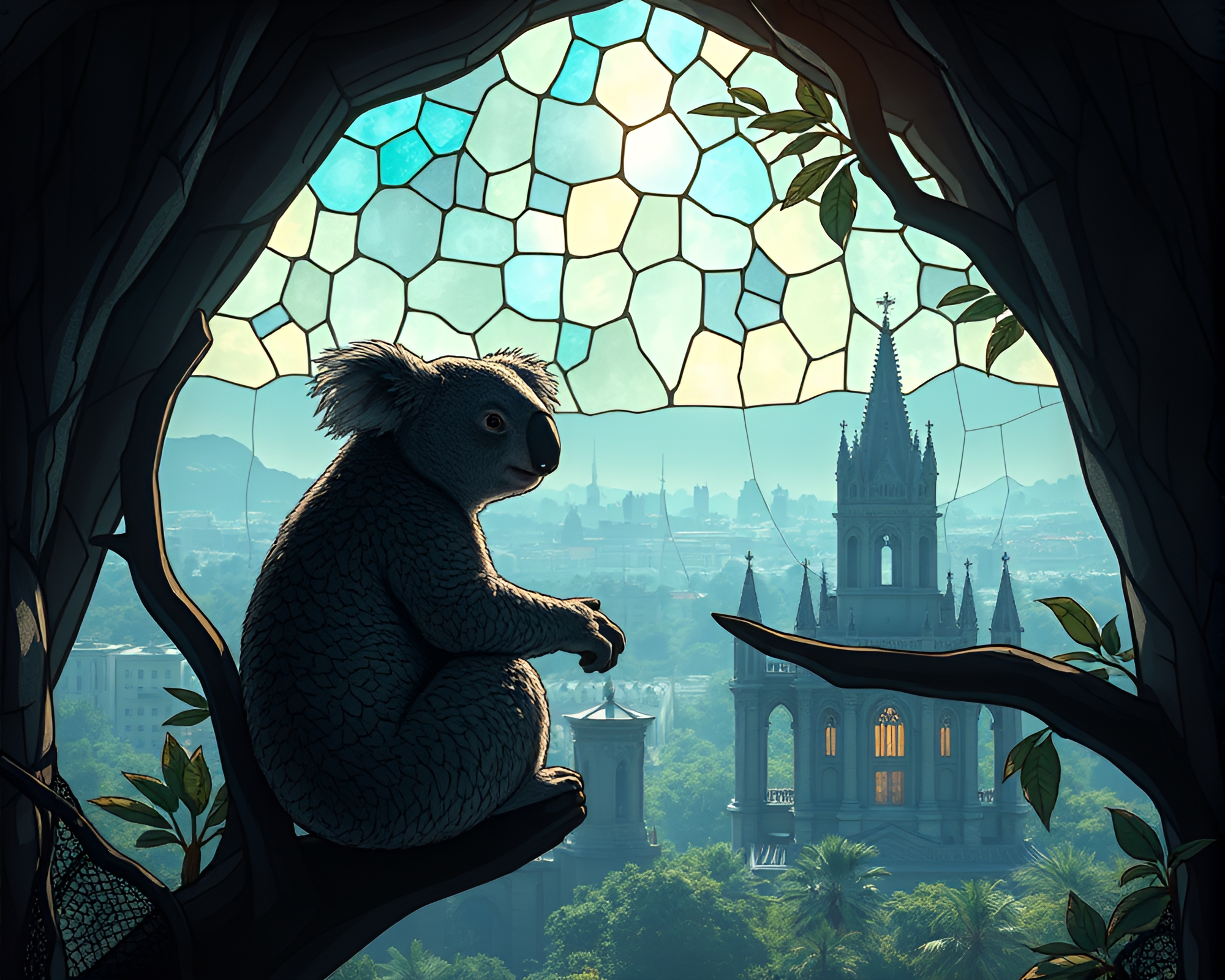 Enchanting Koala Sanctuary Bathed in Stained Glass Light – free AI stock image