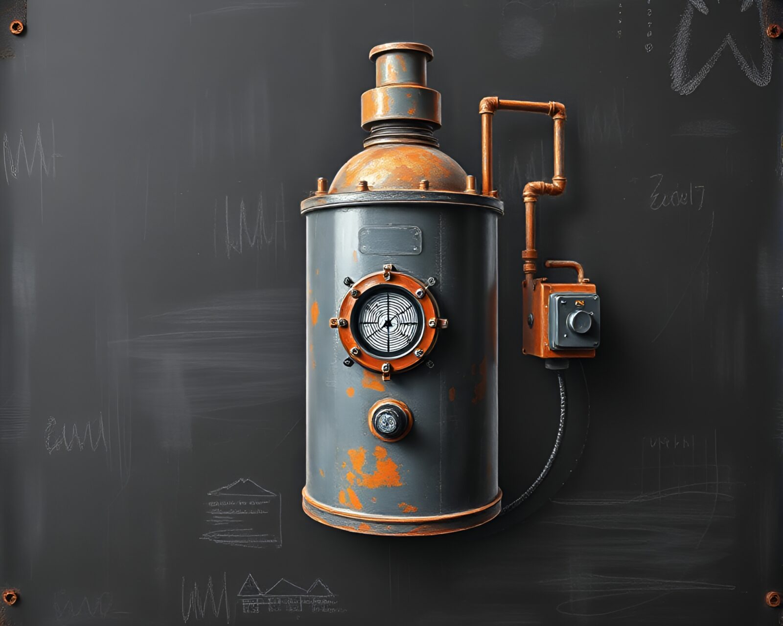 Dark, mysterious illustration of a reactor with rust patina