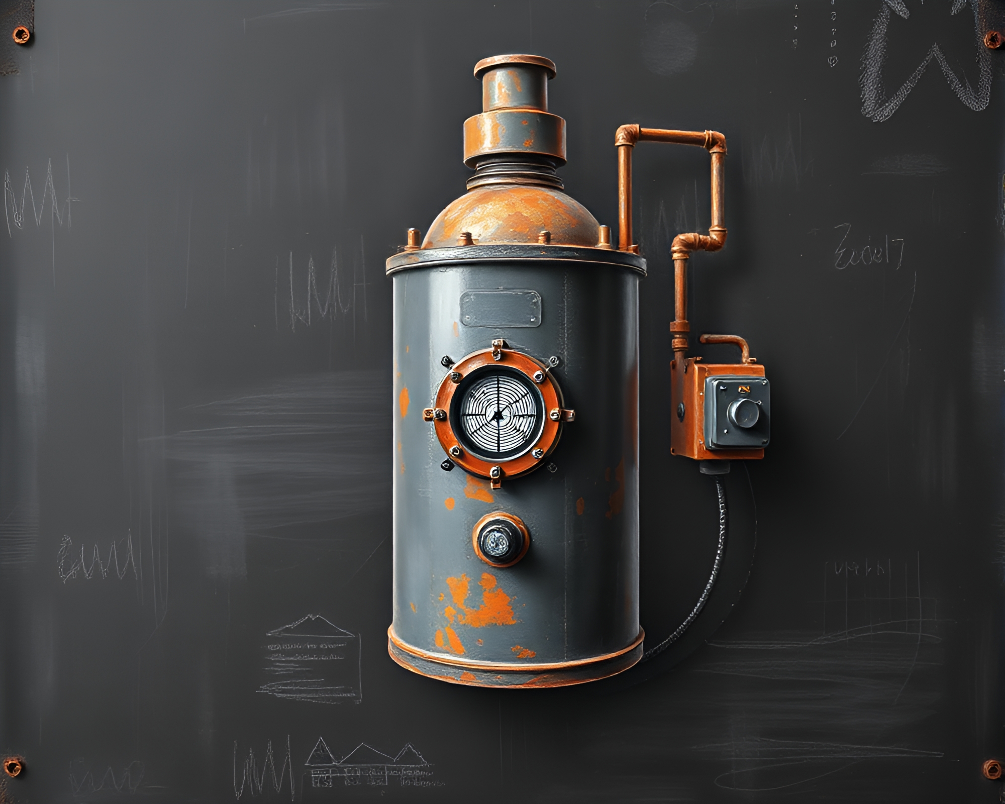 Zero-Point Energy Reactor: Rust Patina Chalkboard Drawing – free AI stock image