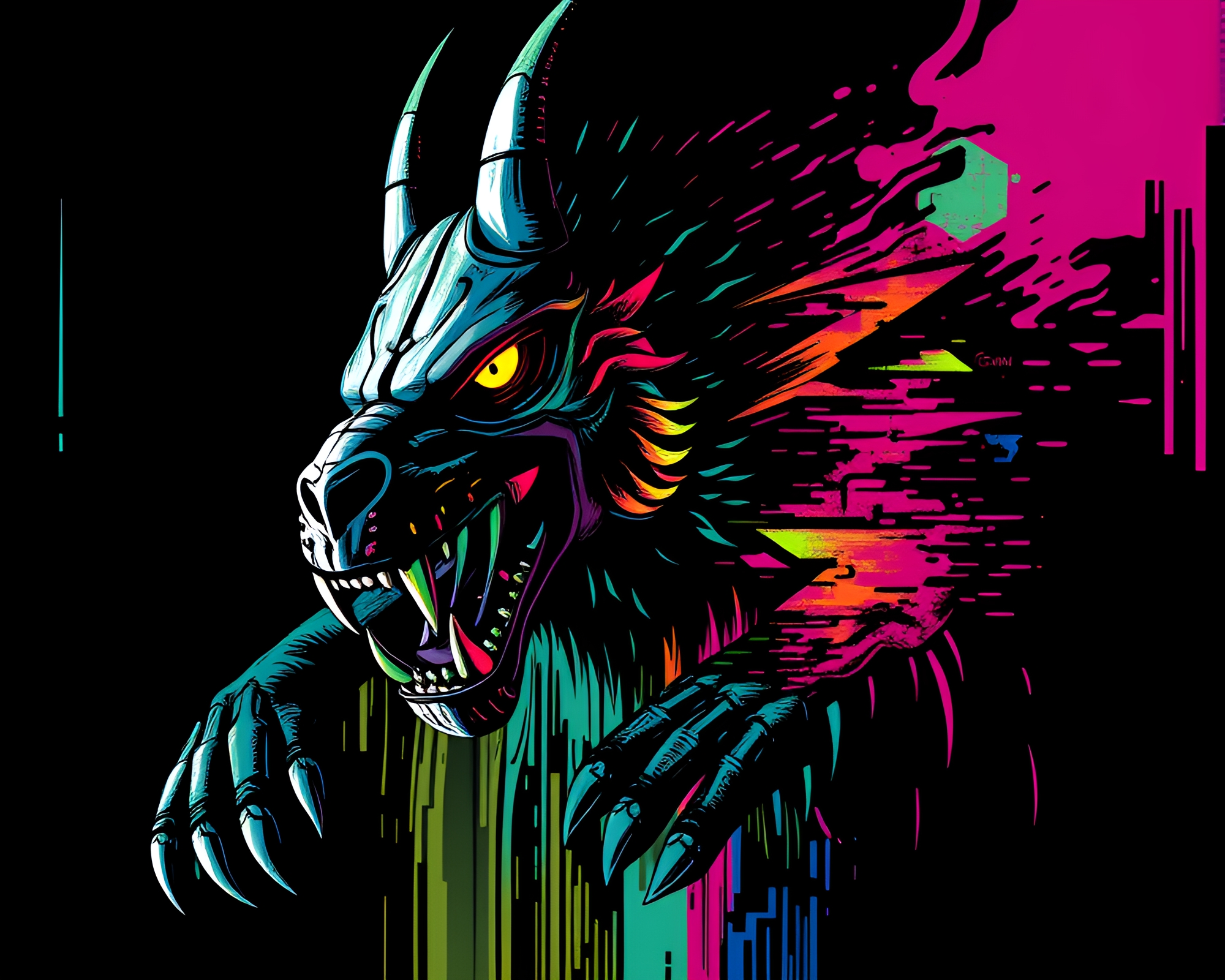 Cerberus Shadow Play in Glitch Colors Stencil Art – free AI stock image