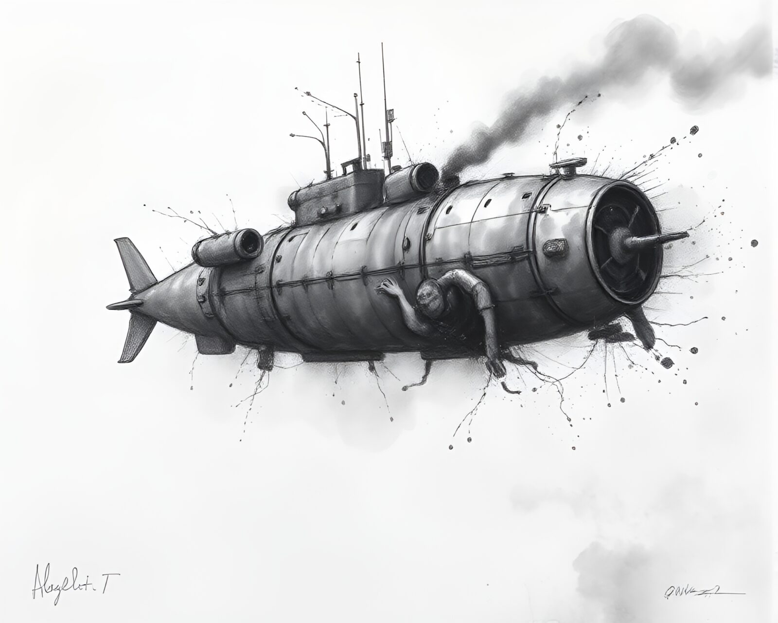 Detailed pencil drawing of submarine in foggy underwater scene