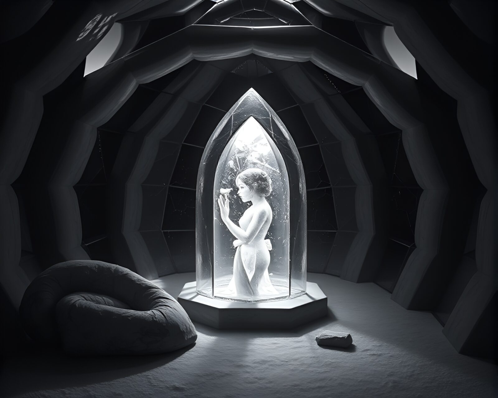 Spooky glass igloo glowing in eerie dark lighting