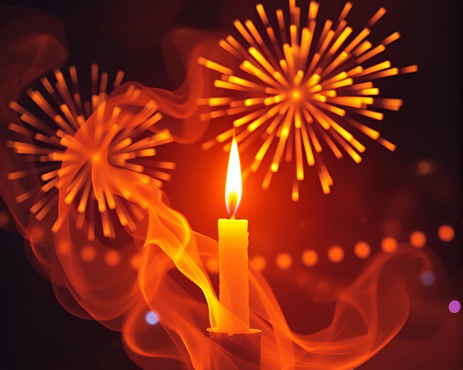 Vibrant festival scene with a jetpack soaring amidst candle smoke