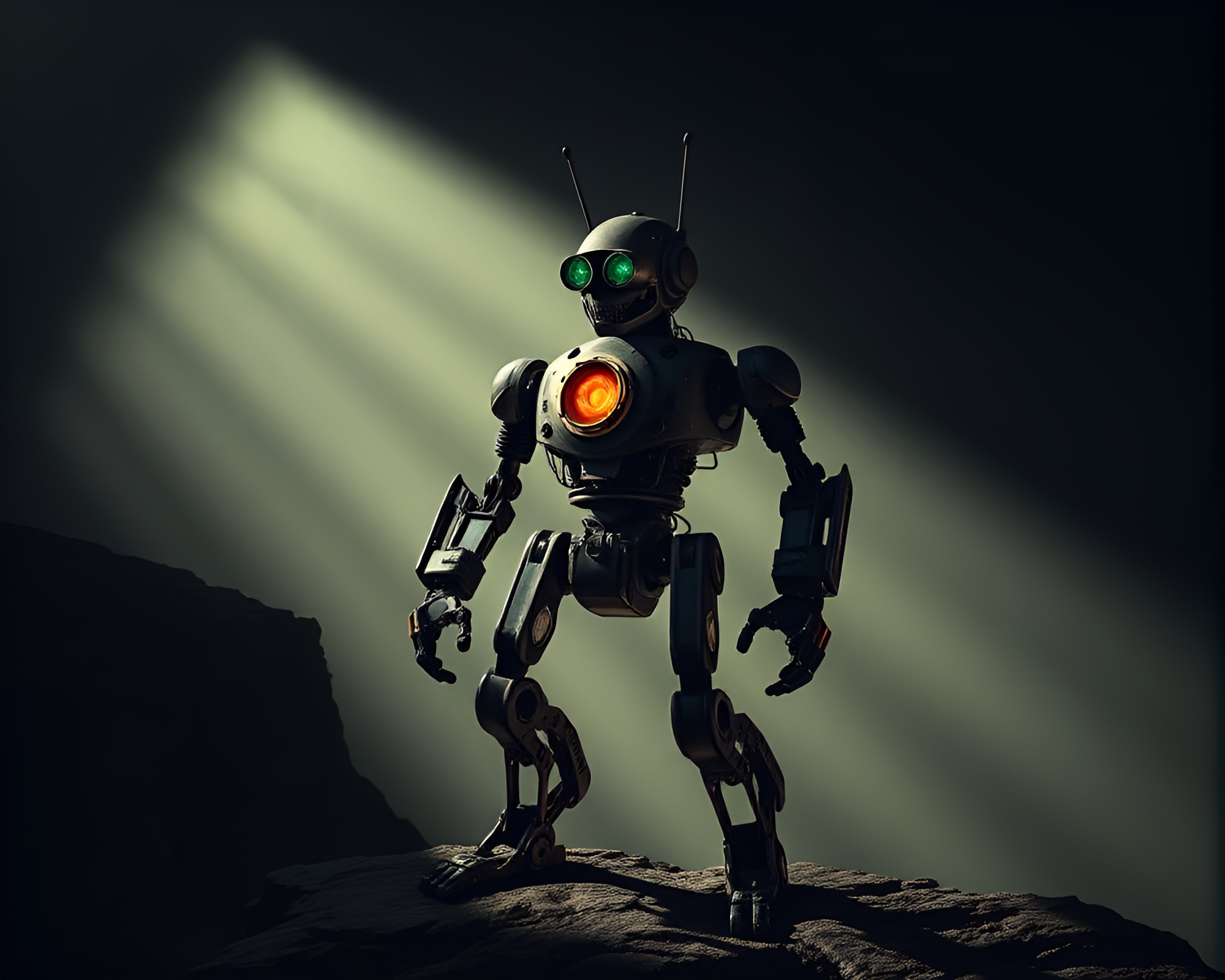 Steampunk Robot Overlooking Cliffside at Dusk – free AI stock image