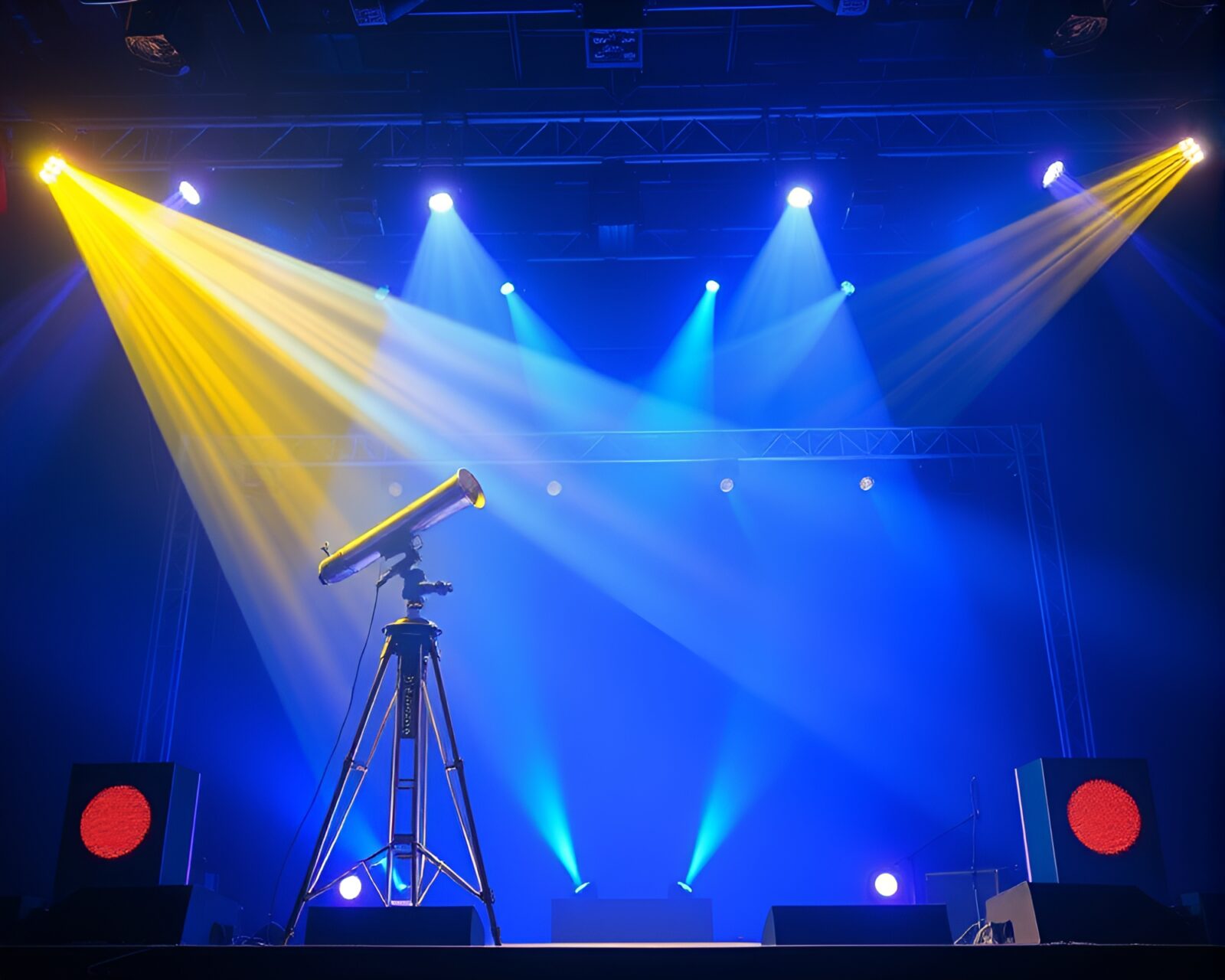 Concept art of brass telescope on stage with colorful lights