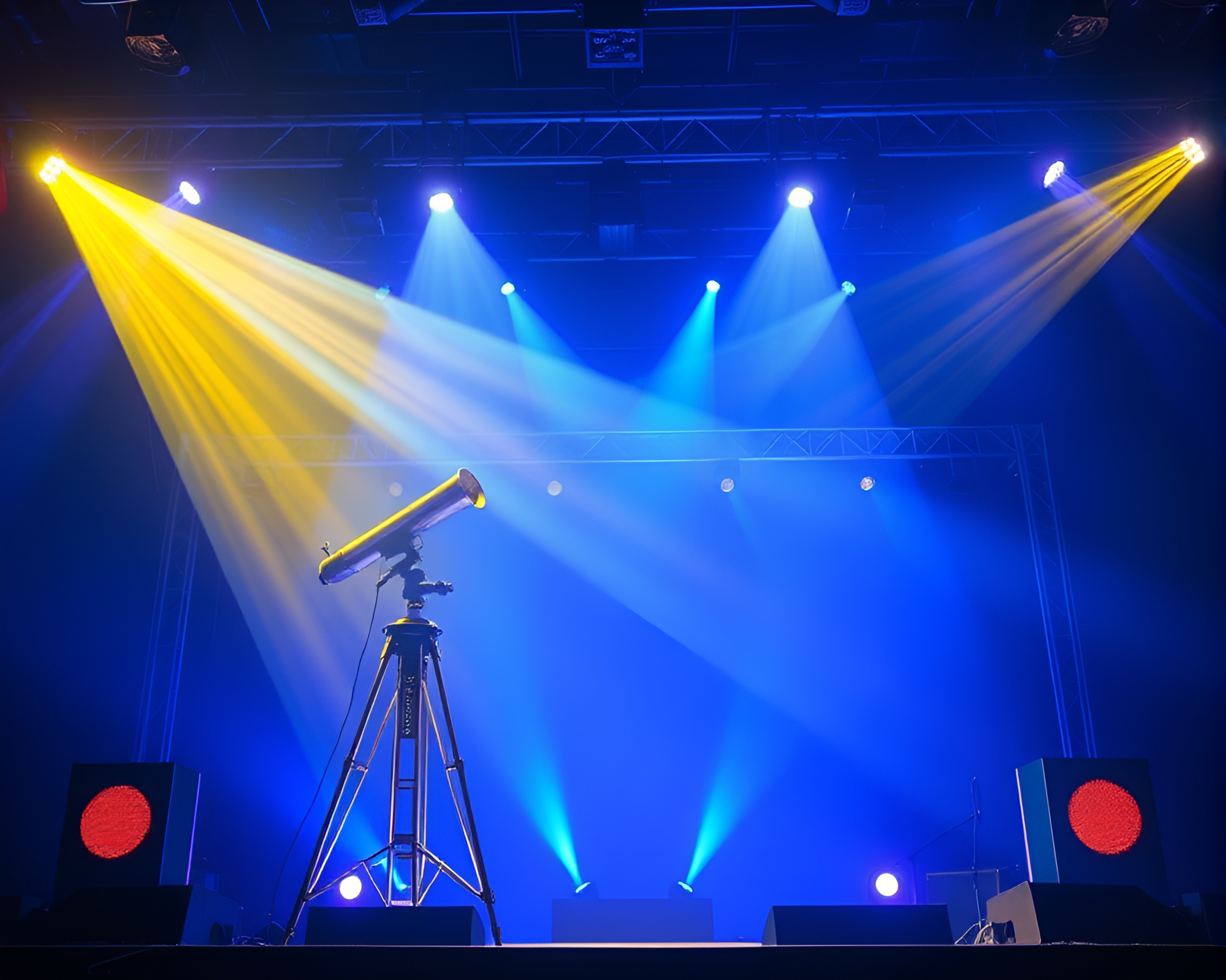 Brass telescope under concert lights amidst digital noise – free AI stock image