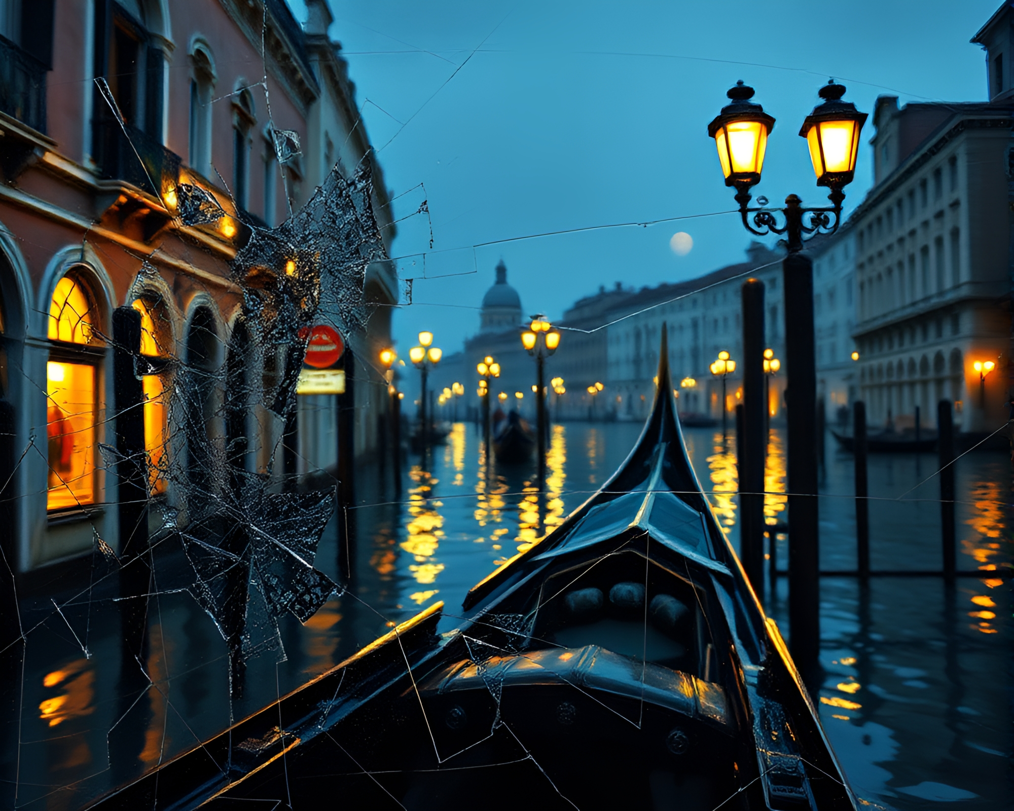 Venetian Gondola Broken Glass Reflection Matte Painting – free AI stock image