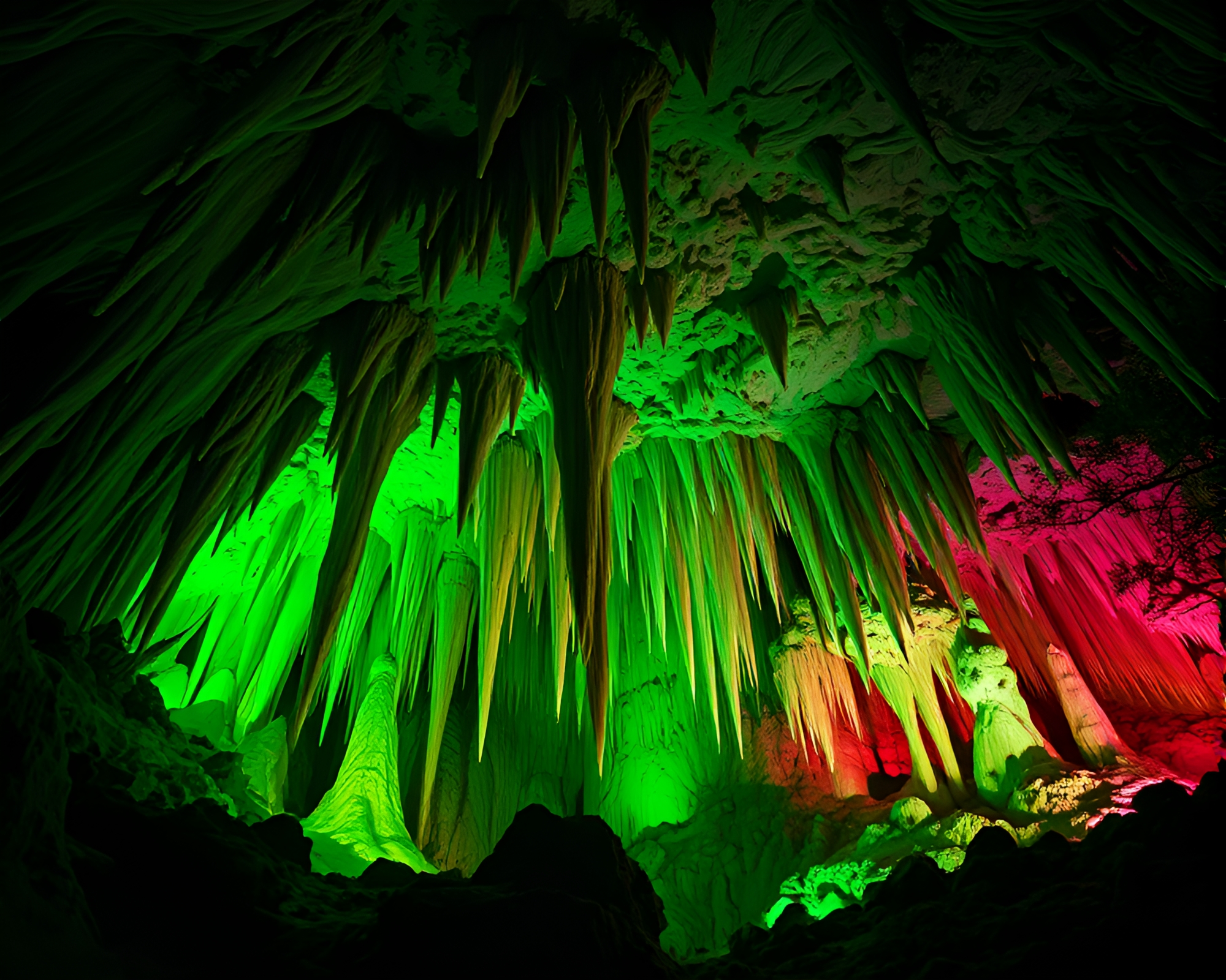 Neon-lit Enchanted Stalactites in Forest Cave – free AI stock image