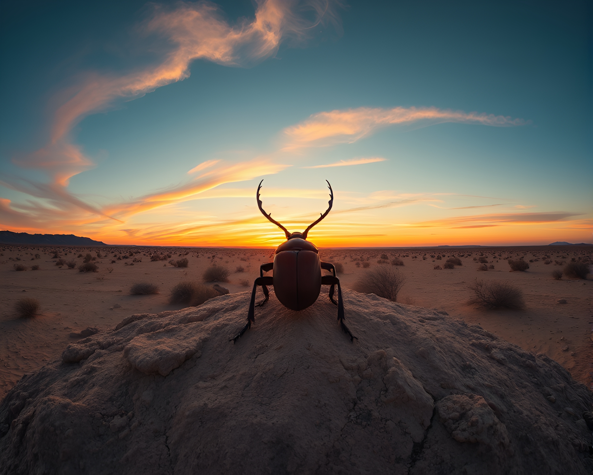 Vast Desert Sunset Beetle Panorama – free AI stock image
