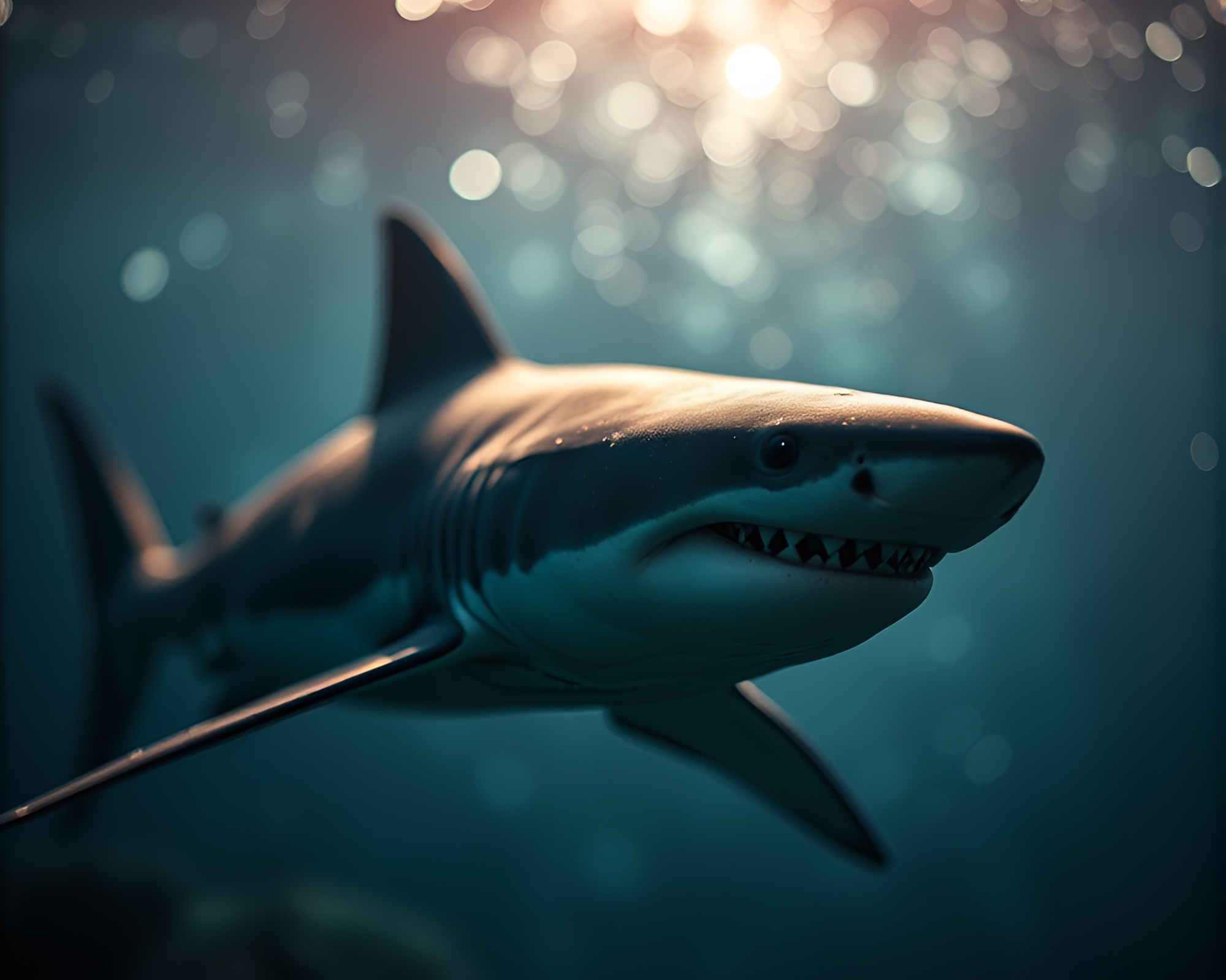 Mystical Shark in Sapphire Tones Bokeh Composition – free AI stock image
