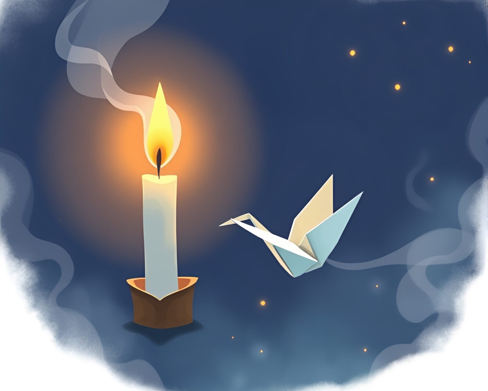 Illustration of origami crane surrounded by swirling candle smoke