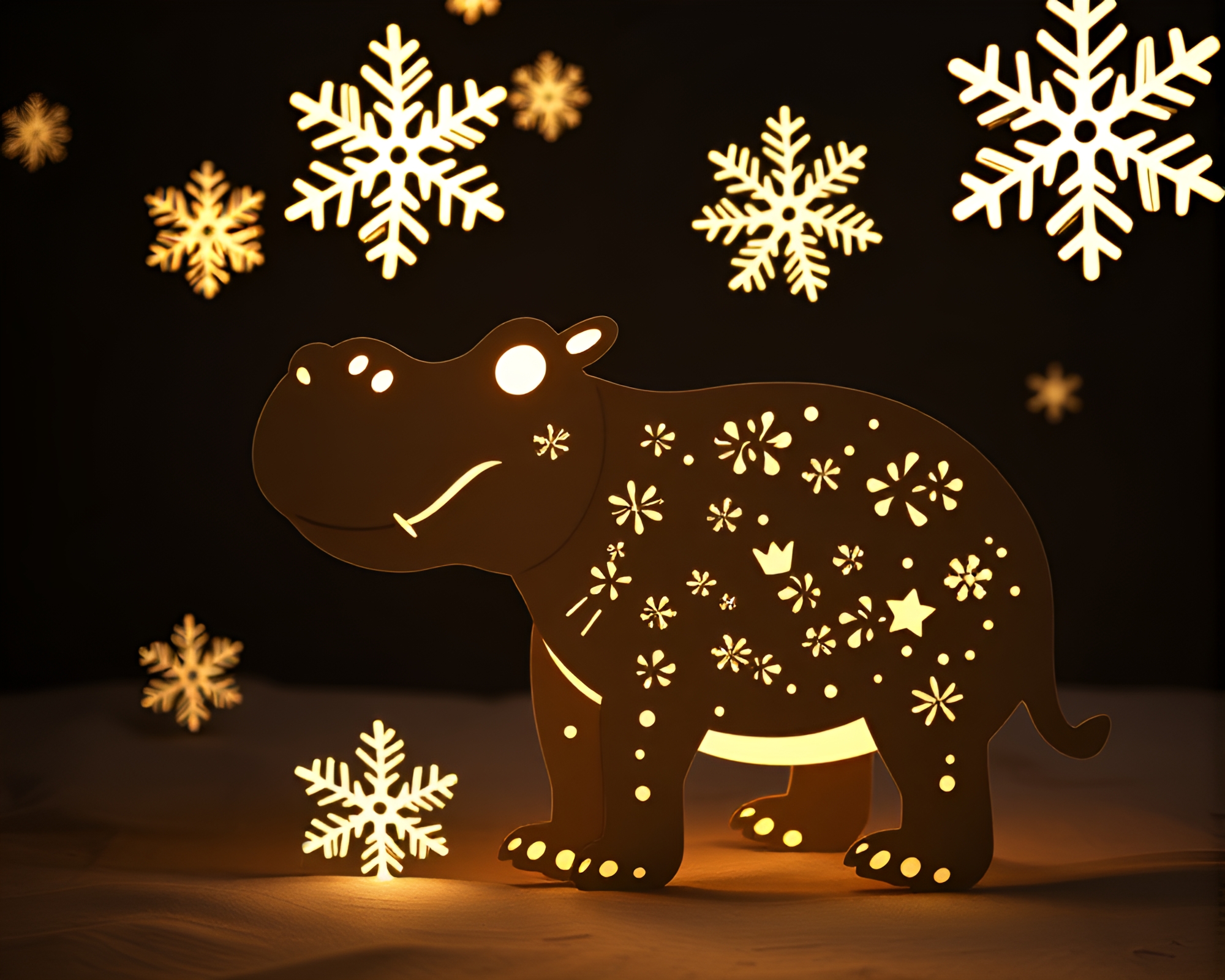Snowflake Hippopotamus in Torchlight Glow – free AI stock image