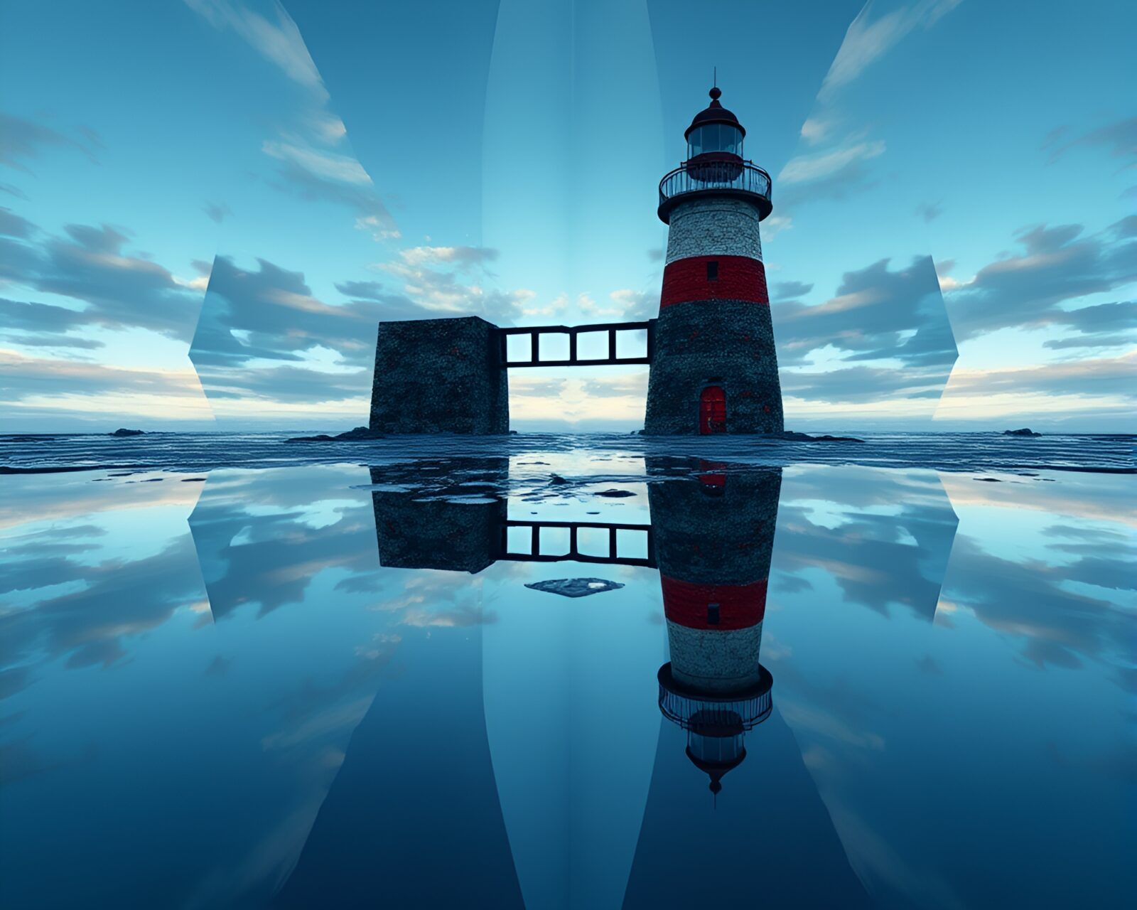 Twisted reflections on abandoned lighthouse shards in low-poly