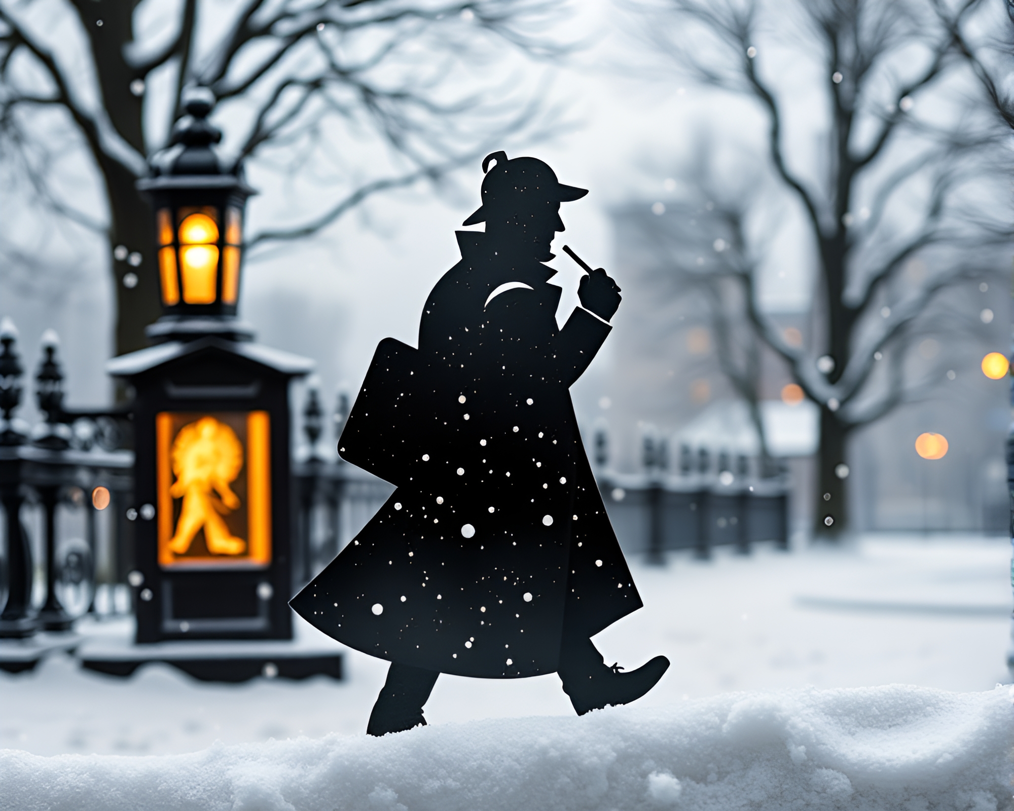 Sherlock Holmes Beadwork Silhouette in Snowy Engraving – free AI stock image