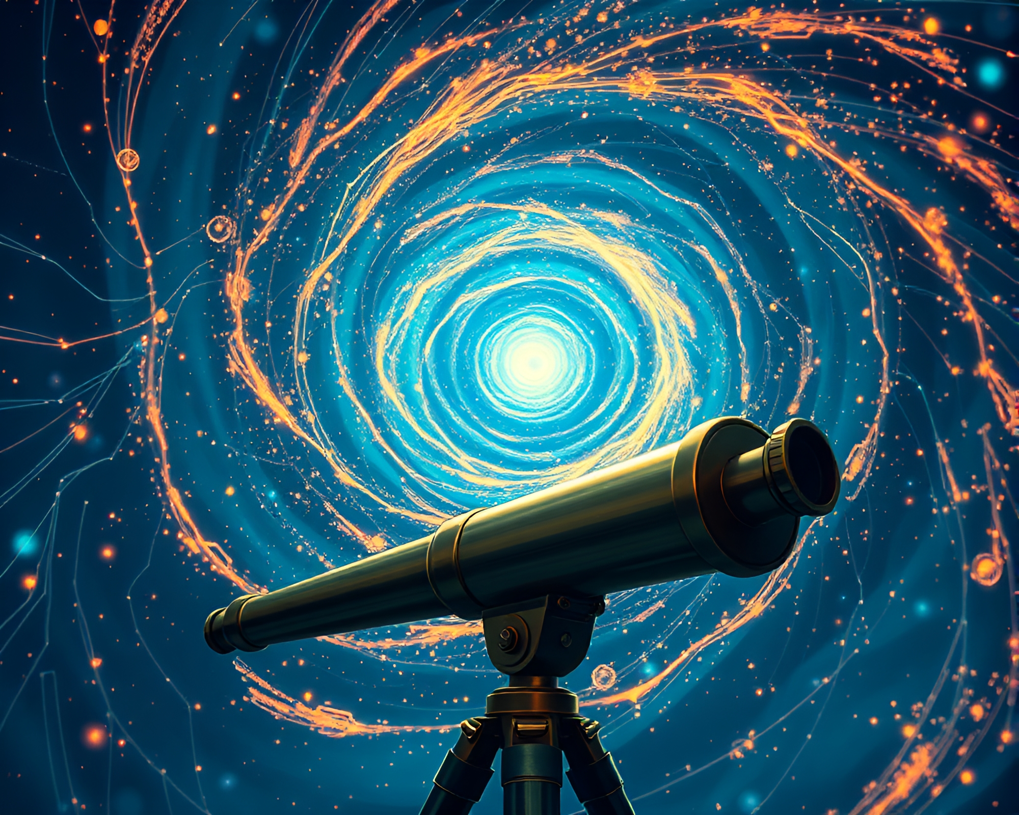 Spiraling Brass Telescope Amidst Firefly Glow – free AI stock image