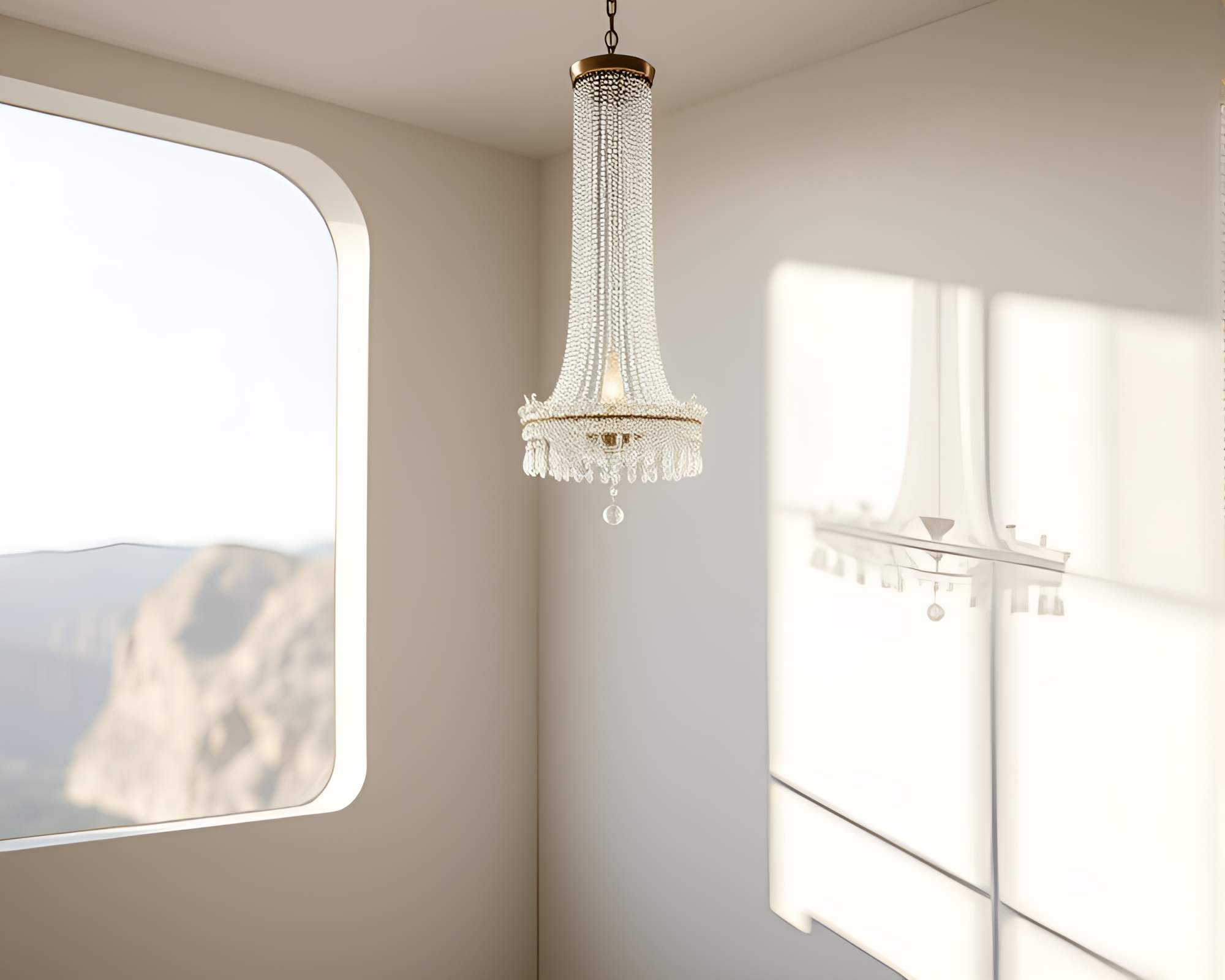 Minimalist crystal chandelier on cliffside with shallow focus – free AI stock image