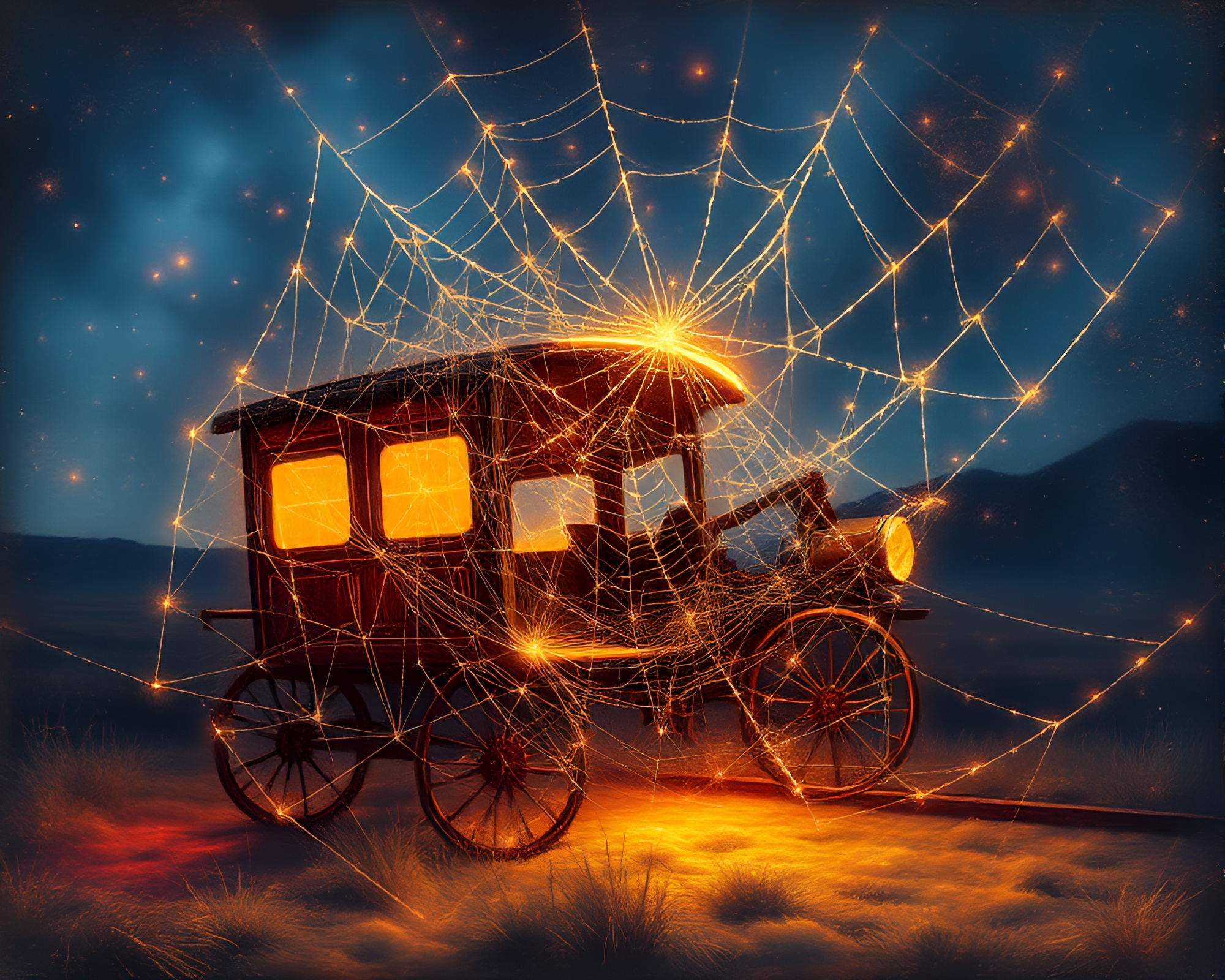 Enchanting Stagecoach Ride Through Sparkling Cobwebs – free AI stock image
