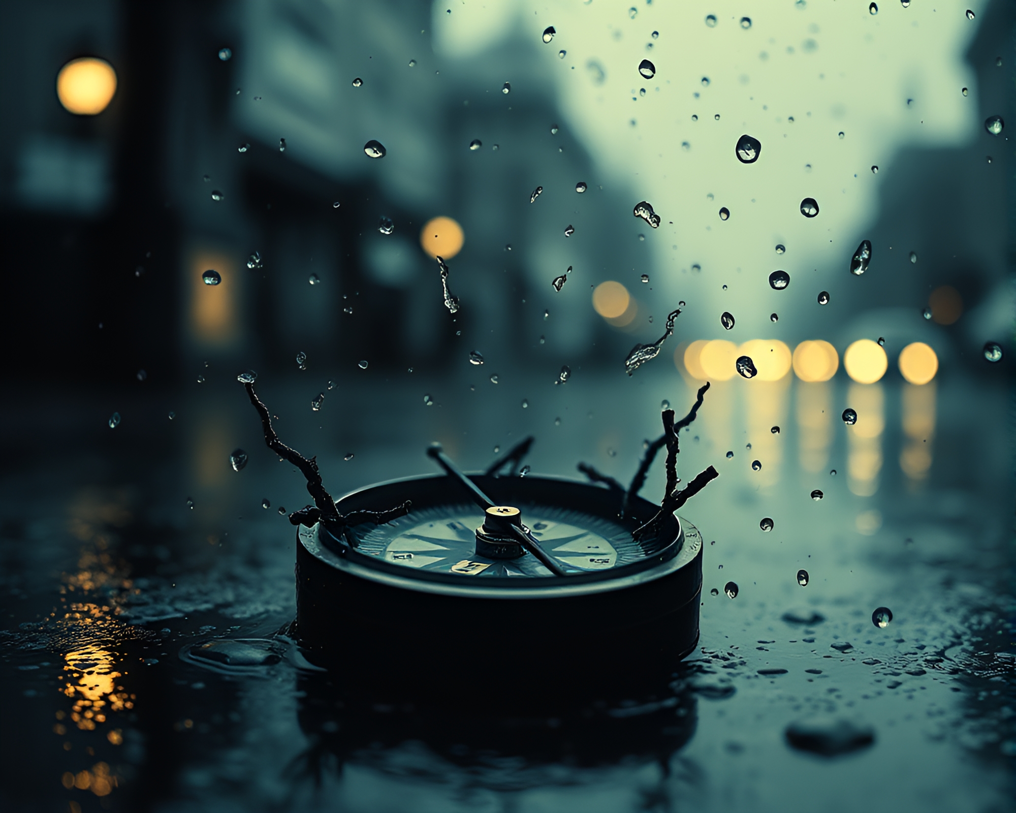 Vintage compass submerged in ink splashes under rainy skies – free AI stock image