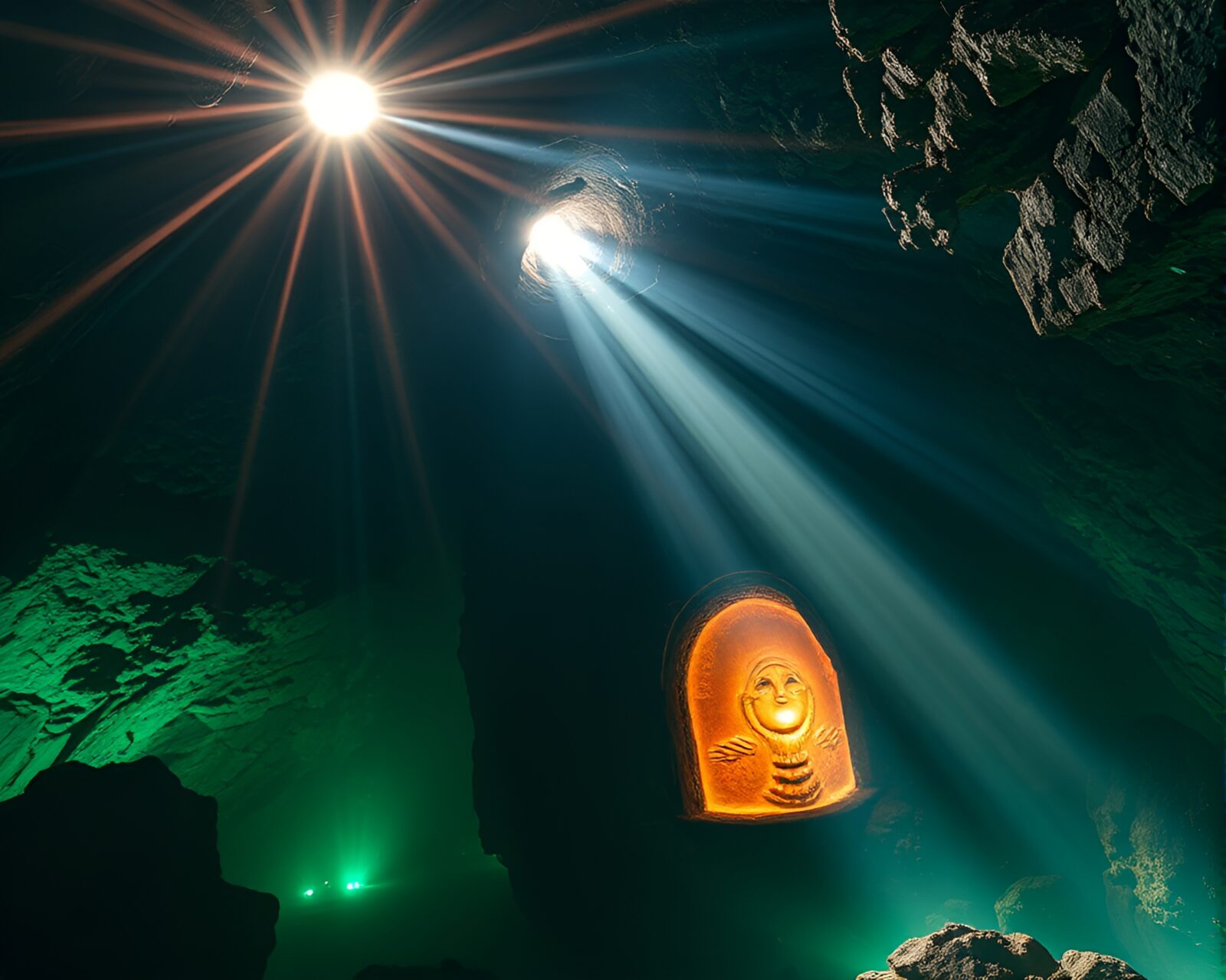 Glowing hydra in dark dungeon with sun glares