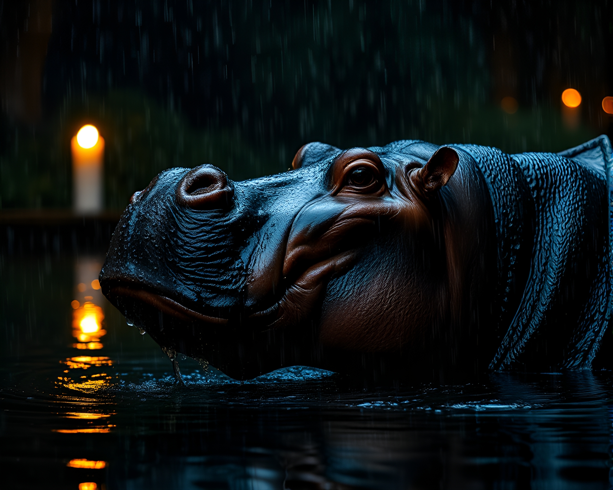 Hippopotamus in Rain Droplets: Candlelit Surrealism – free AI stock image