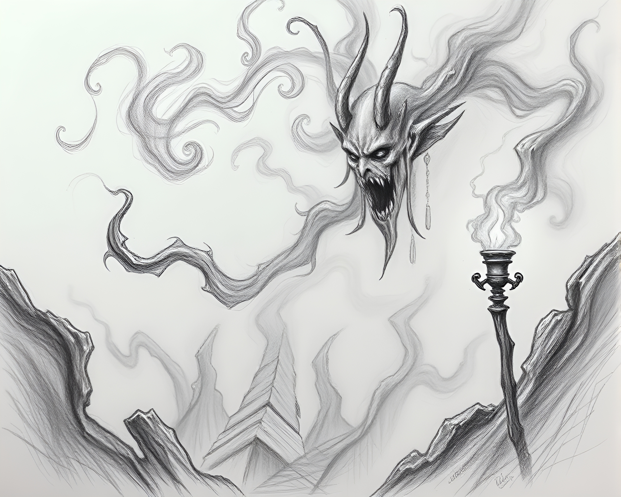 Siren Shadow in Dungeon Torchlight Pencil Sketch – free AI stock image