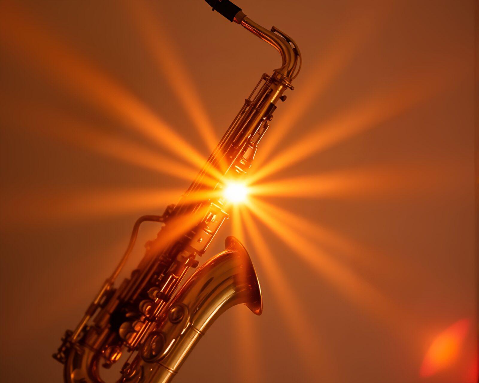 Symmetrical golden hour saxophone symphony with starburst colors