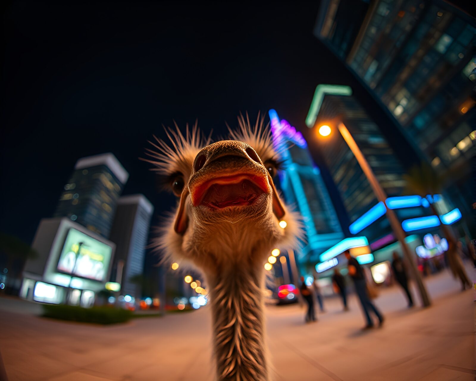 A majestic ostrich illuminated by city lights at night