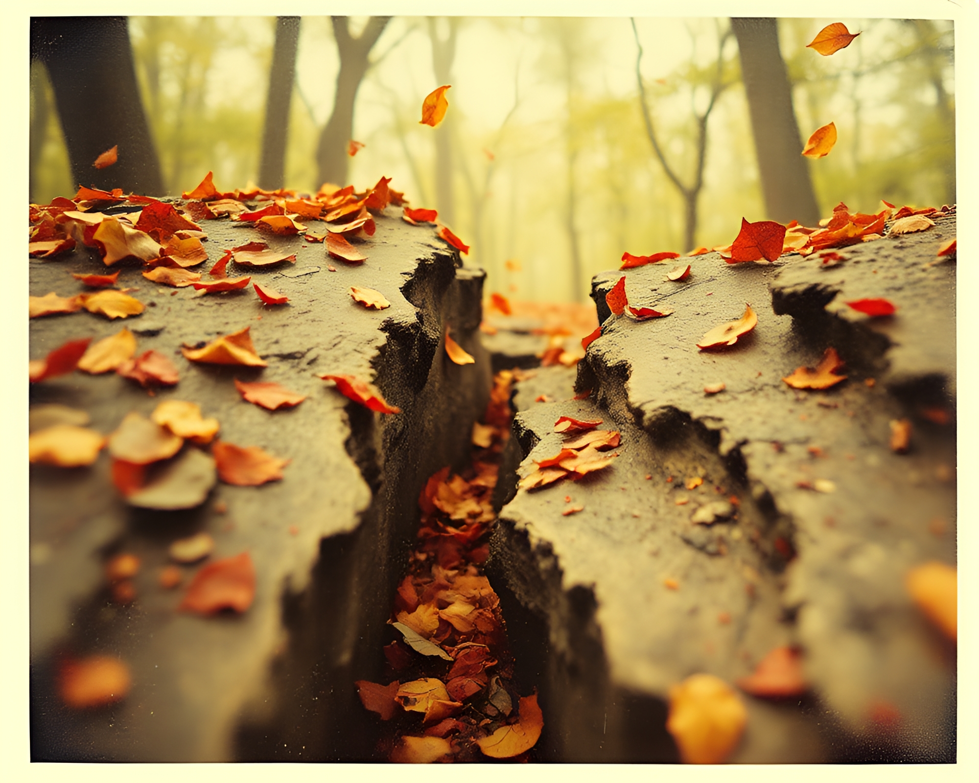 Vintage Rift in Splattered Leaf Litter Polaroid Photo – free AI stock image