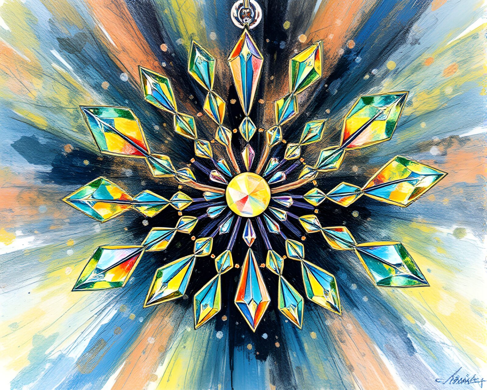 Conté crayon drawing of a dazzling crystal chandelier
