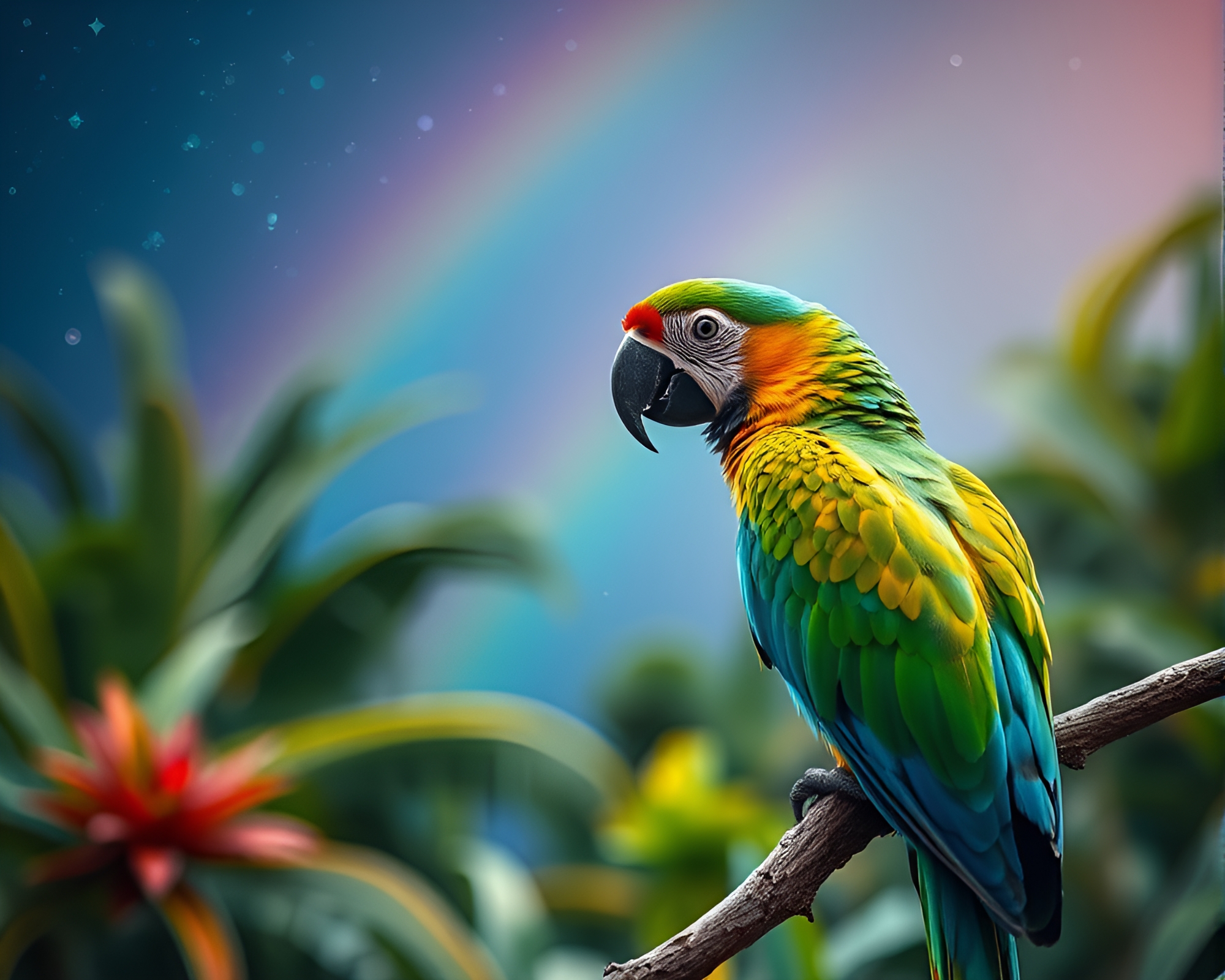 Tropical Parrot in Cosmic Rainbow Cosmos Tilt-Shifted – free AI stock image