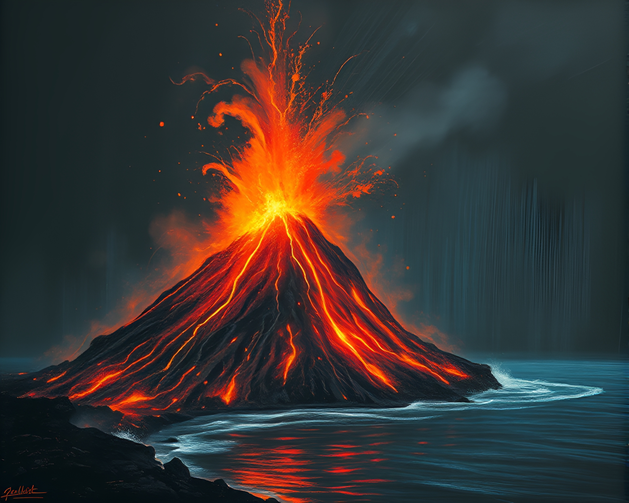 Dramatic Volcanic Island Chalk Scrawls Artwork – free AI stock image