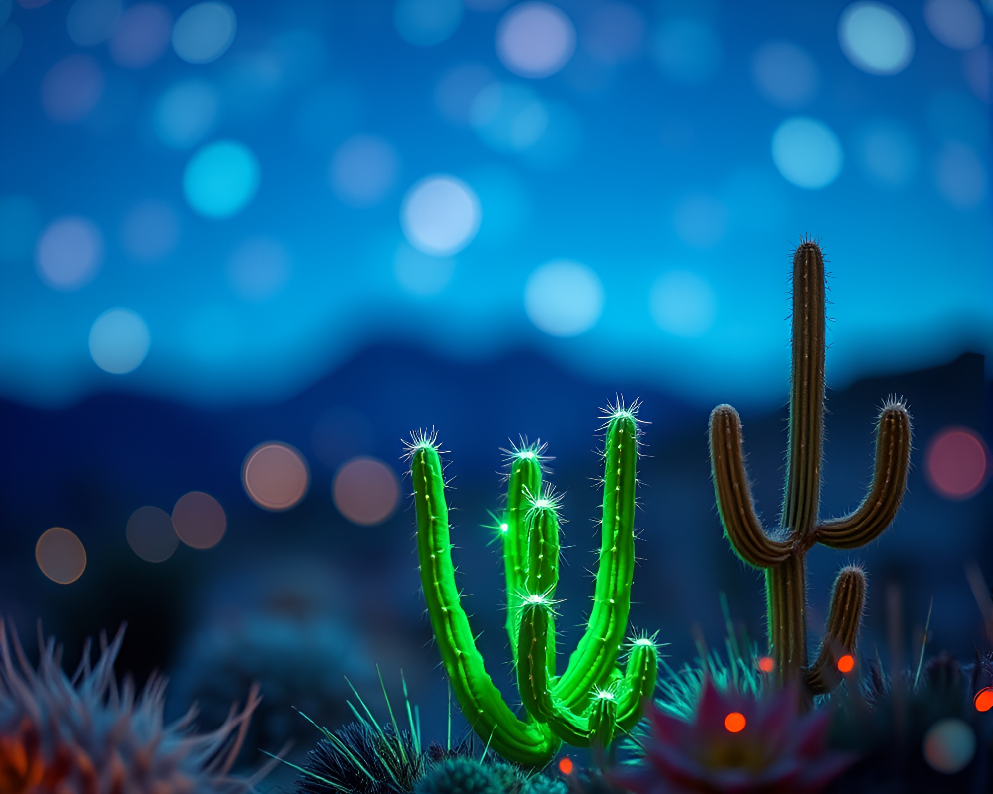 Bioluminescent Cactus Oasis in Nighttime Watercolors – free AI stock image