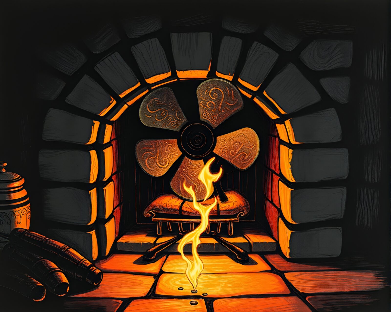 Engraved style fan glowing in fireplace light leaks