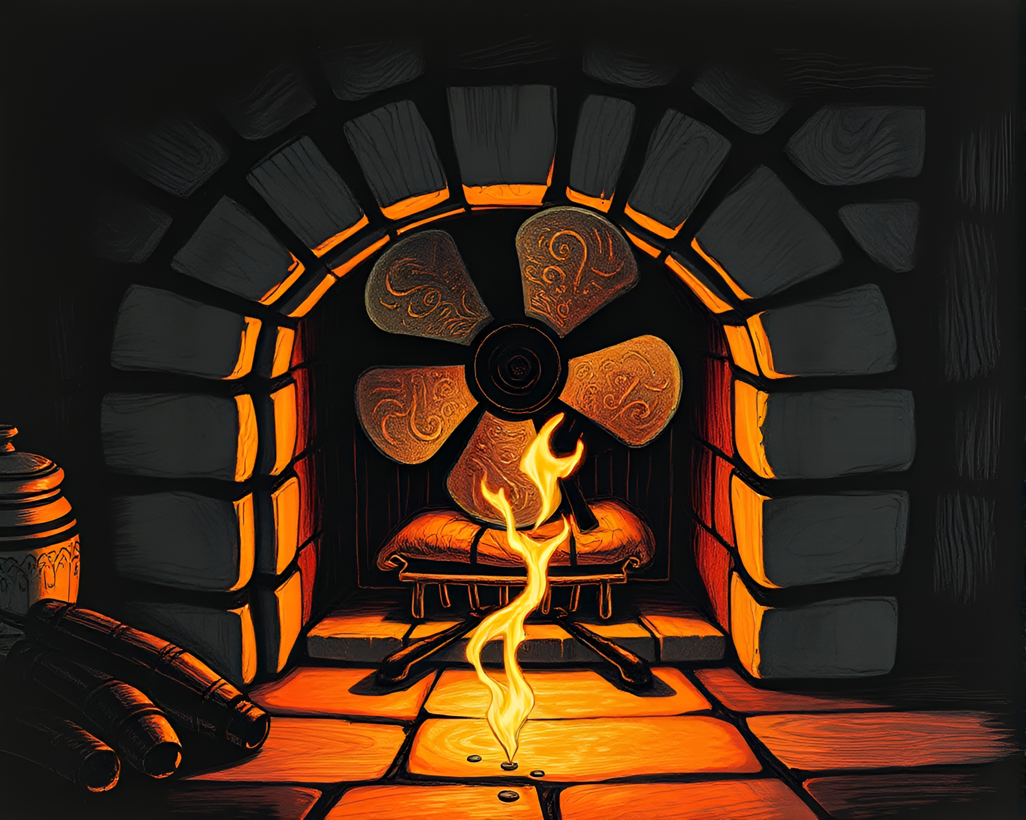 Hand-painted Fan Illuminated by Fireplace Flicker – free AI stock image