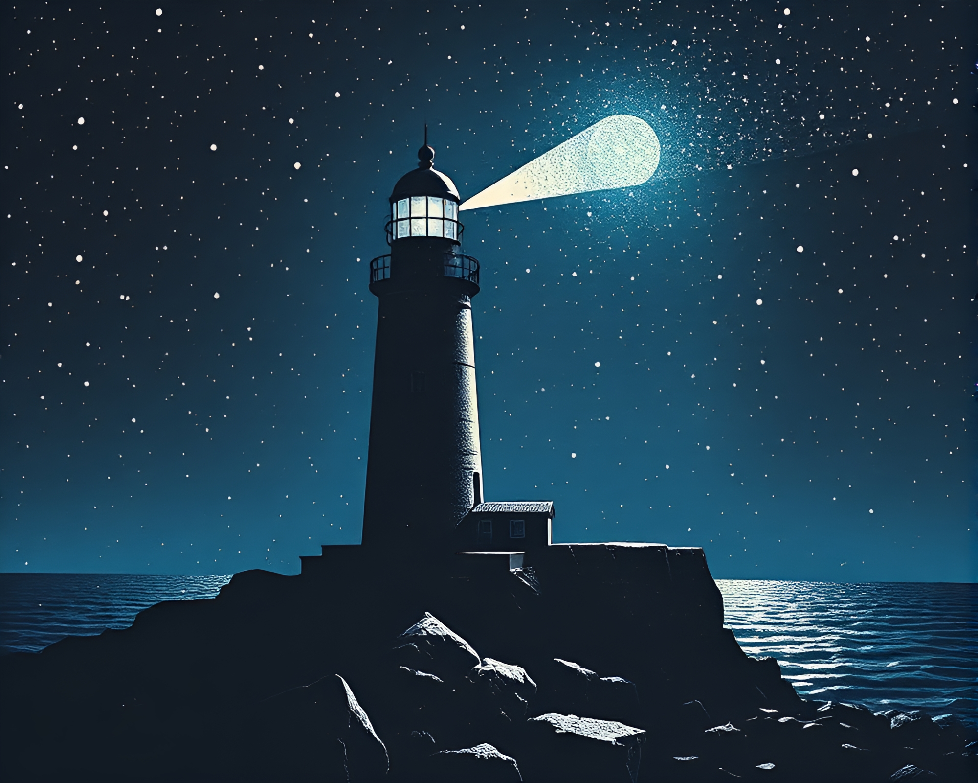 Abandoned Lighthouse Disco: Screenprint Dots & Hatching Art – free AI stock image