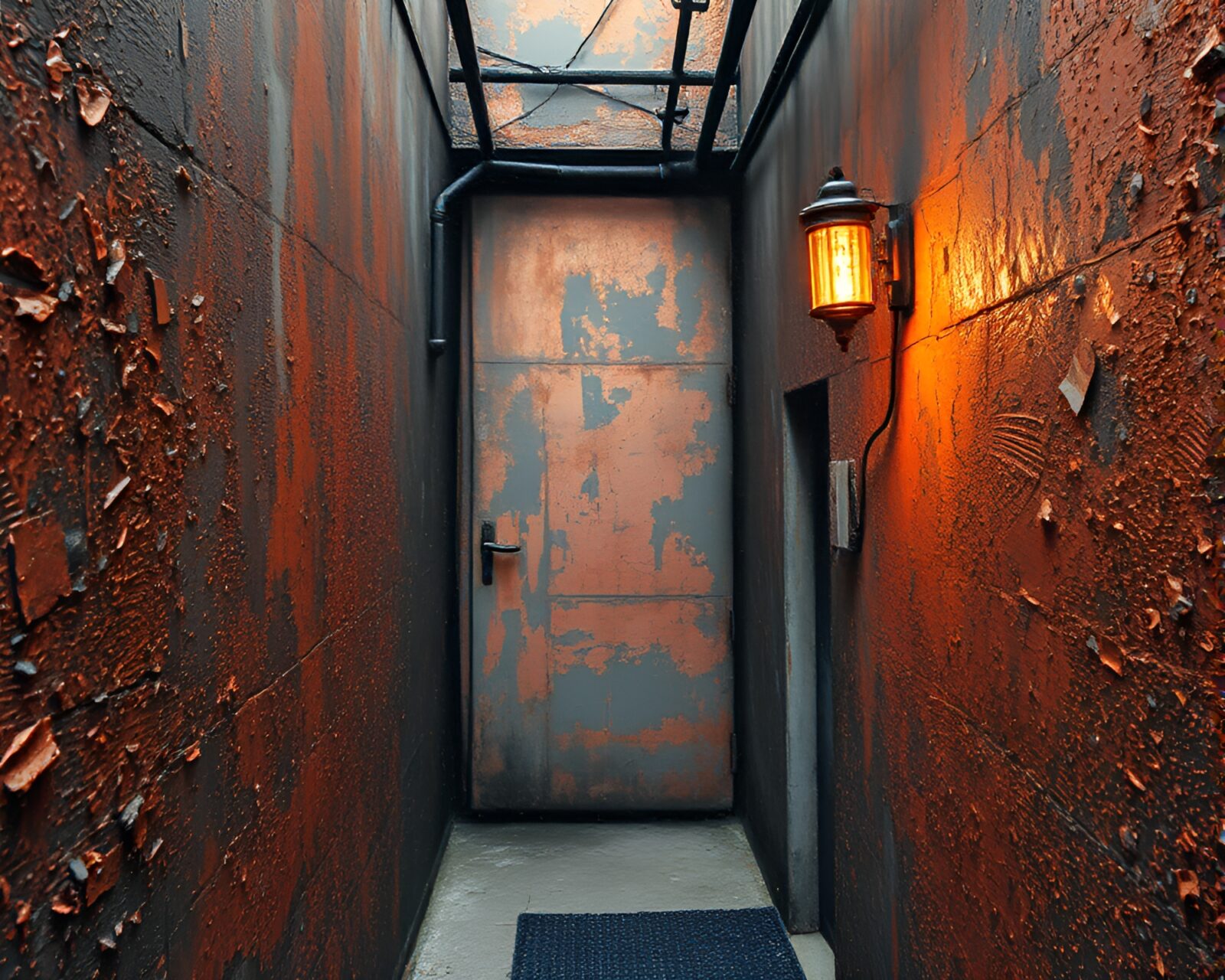 Egg Tempera Urban Scene with Rusty Flakes and Rose Gold Light