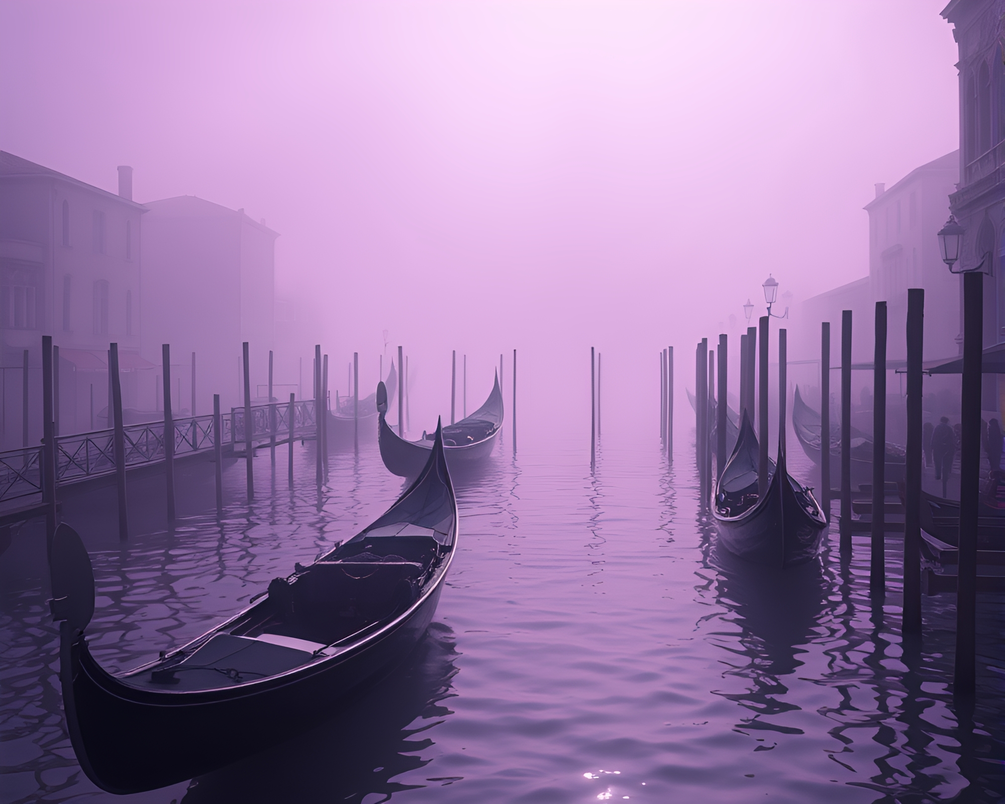 Venetian Gondola Gliding through Mystical Amethyst Fog – free AI stock image