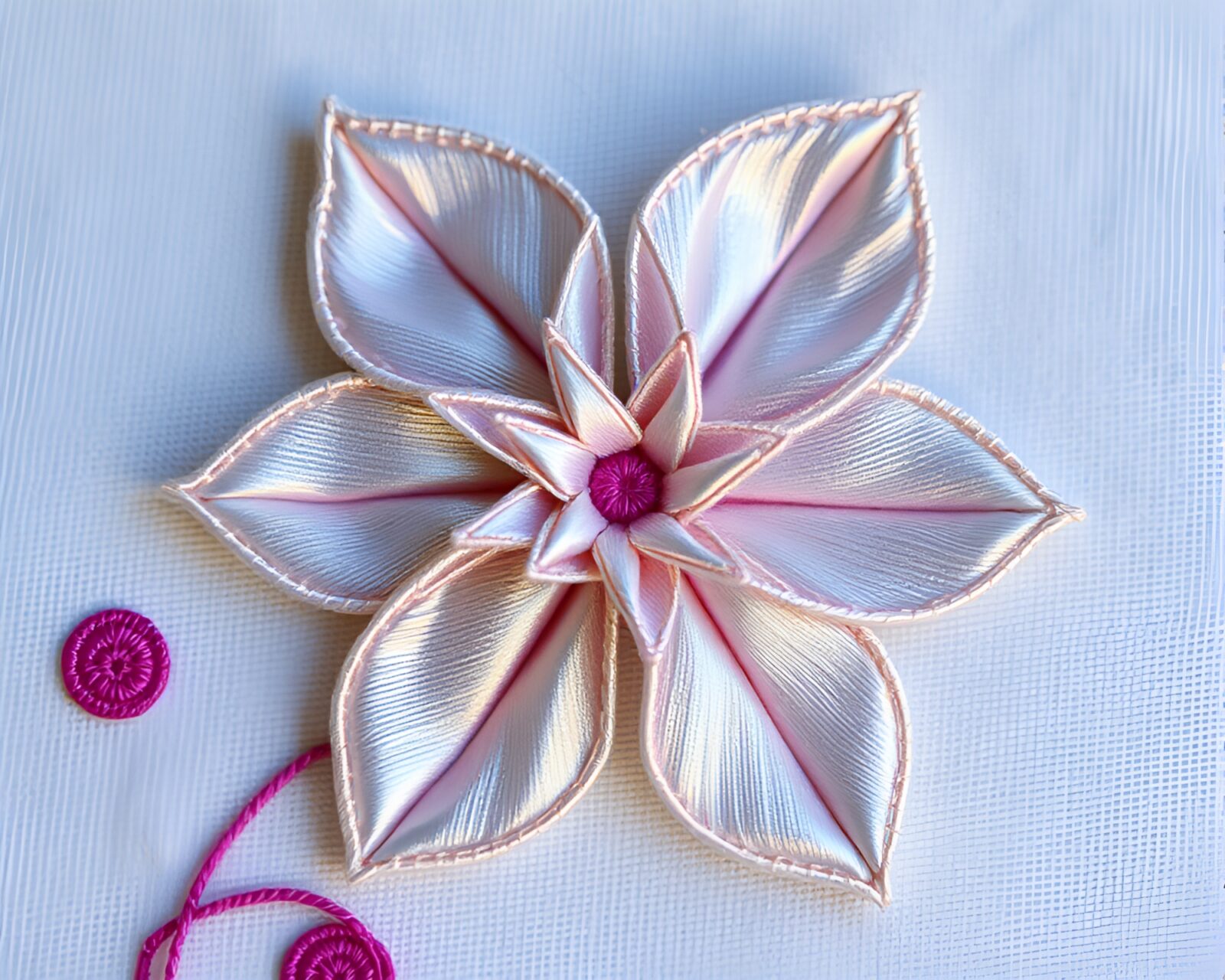 Intricately embroidered iridescent origami flower with hatching design details