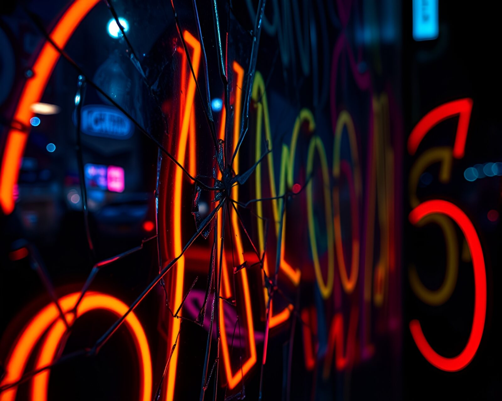 Vibrant neon colors reflect on shattered glass graffiti art