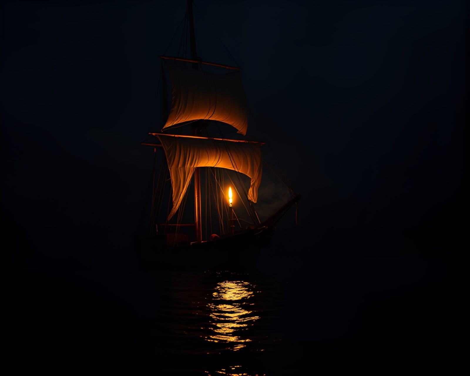 Chiaroscuro lighting on a classic ship enveloped in candle smoke