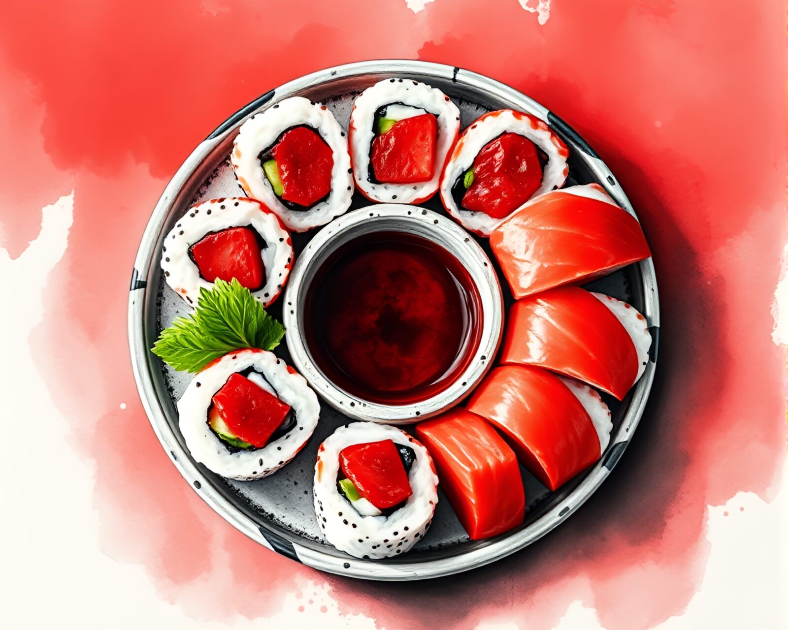 Beautifully styled sushi presentation with vivid red hues